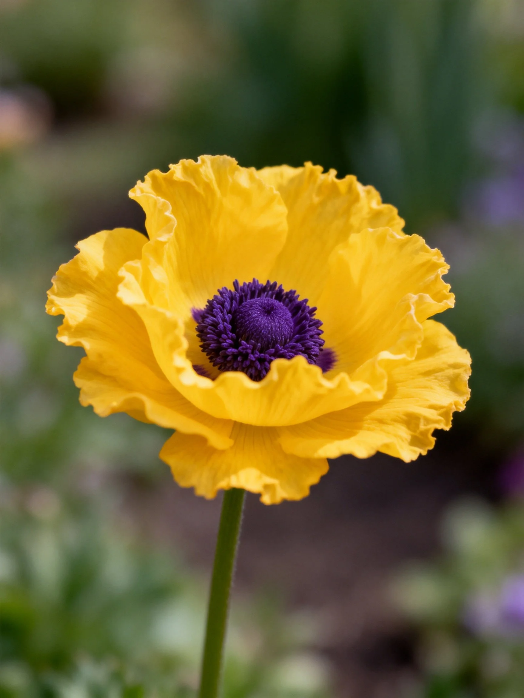 Vibrant yellow flower with ruffled petals and purple center