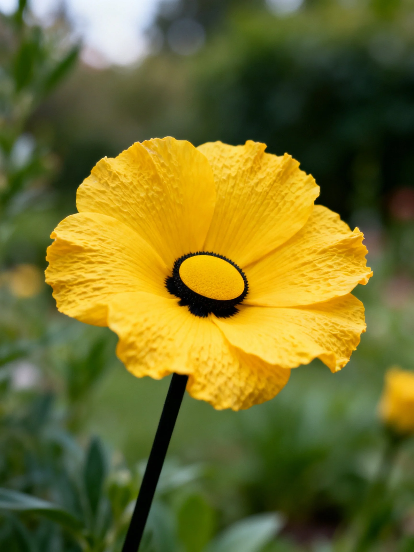 Vibrant yellow flower with textured petals and black center