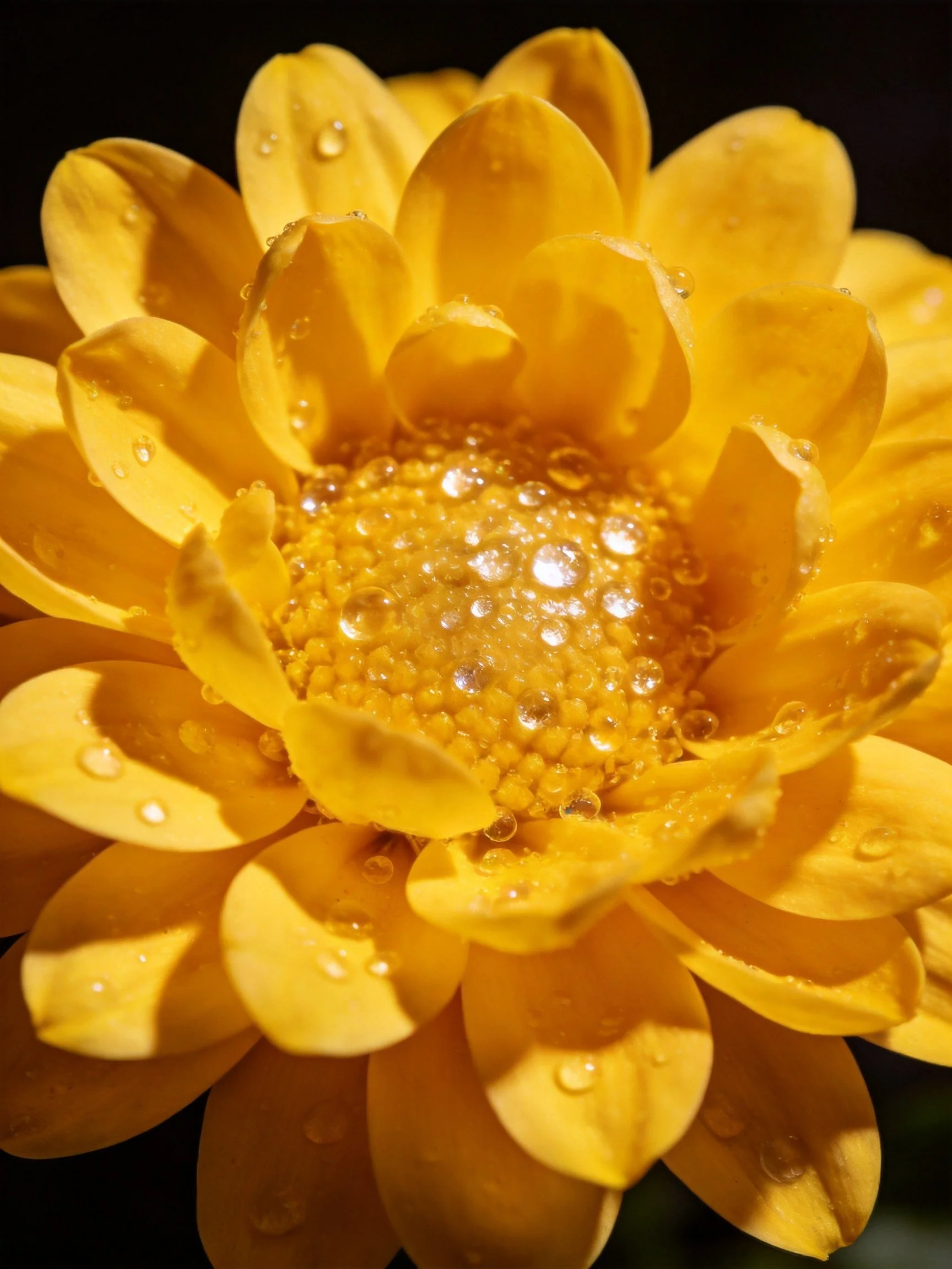 Vibrant yellow flower with water droplets on petals
