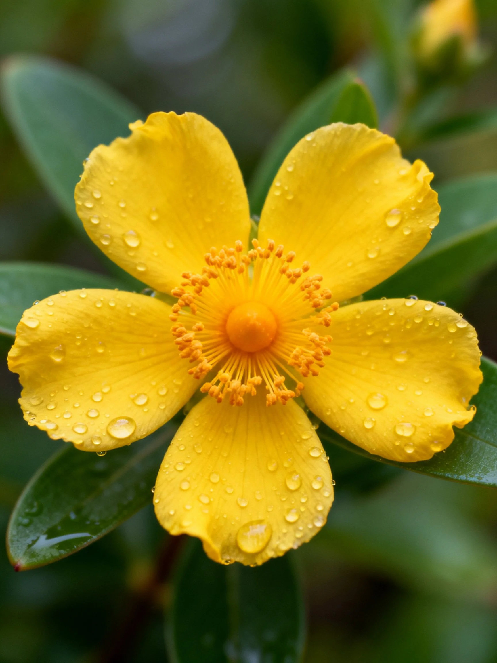 Vibrant yellow flower with water droplets, surrounded by green leaves