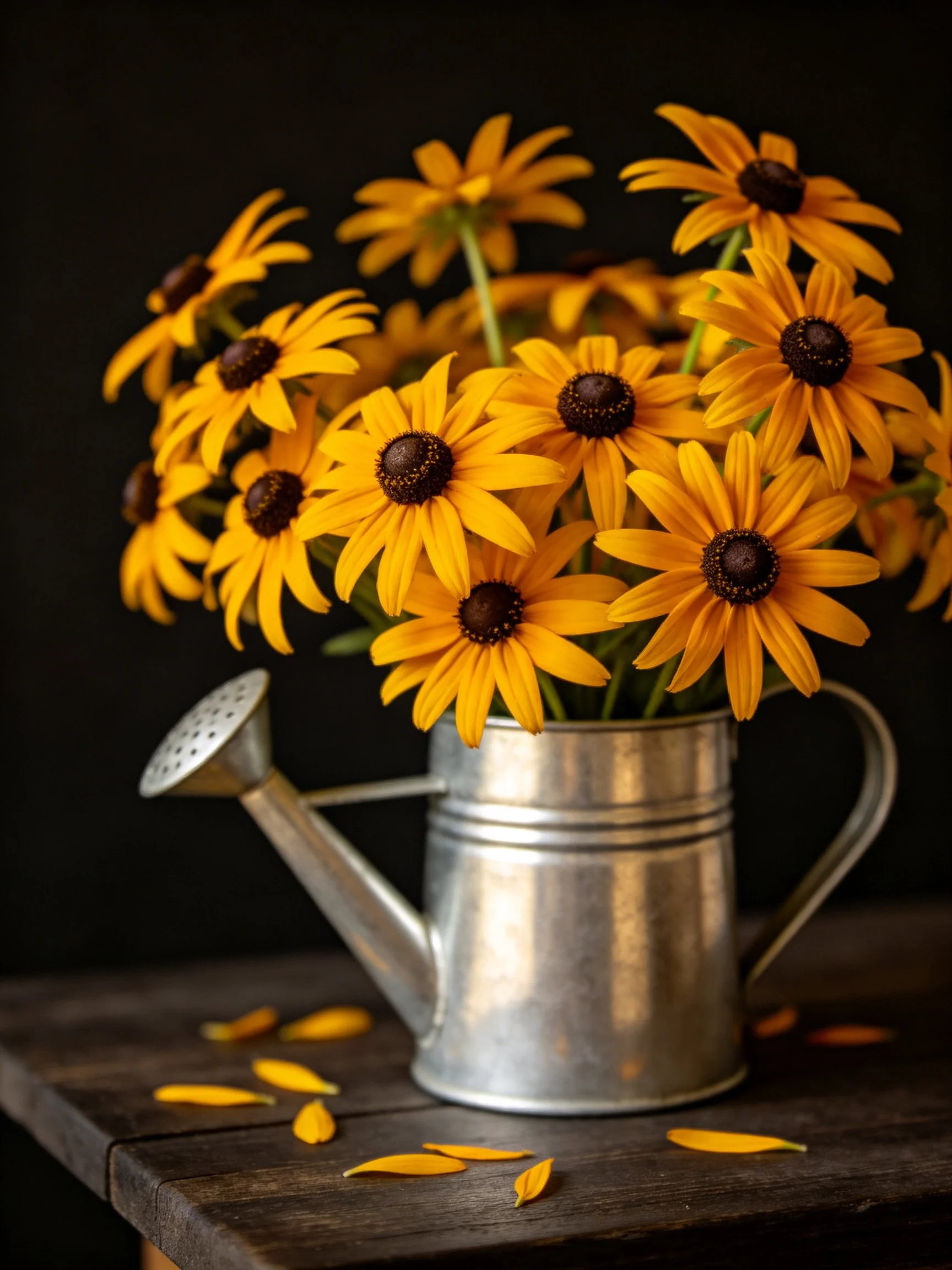 Vibrant yellow flowers arranged in a silver watering can
