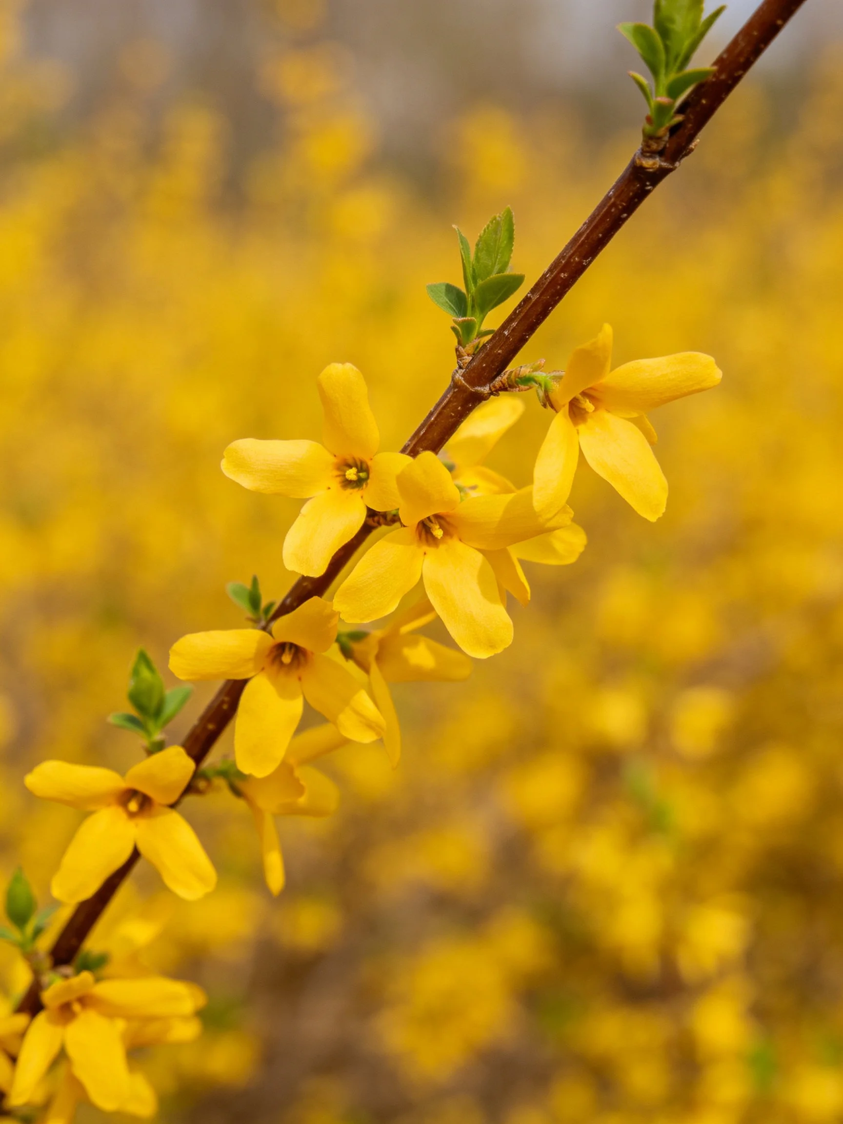 Vibrant yellow flowers bloom along a brown branch with green buds