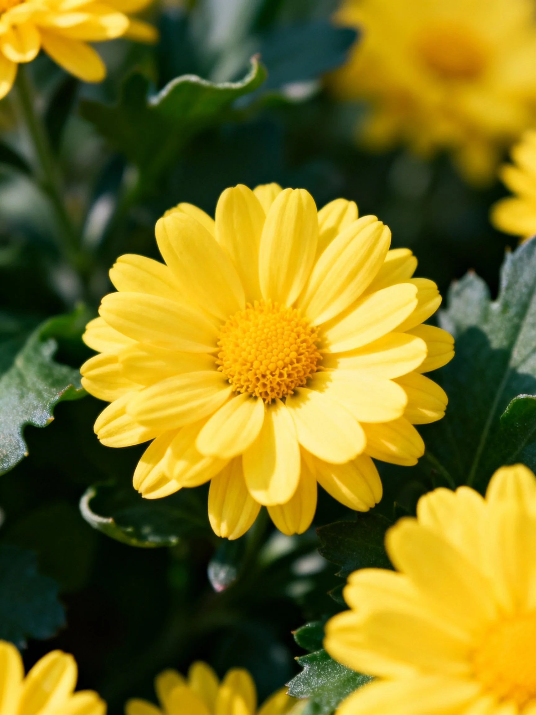 Vibrant yellow flowers bloom amid dark green foliage
