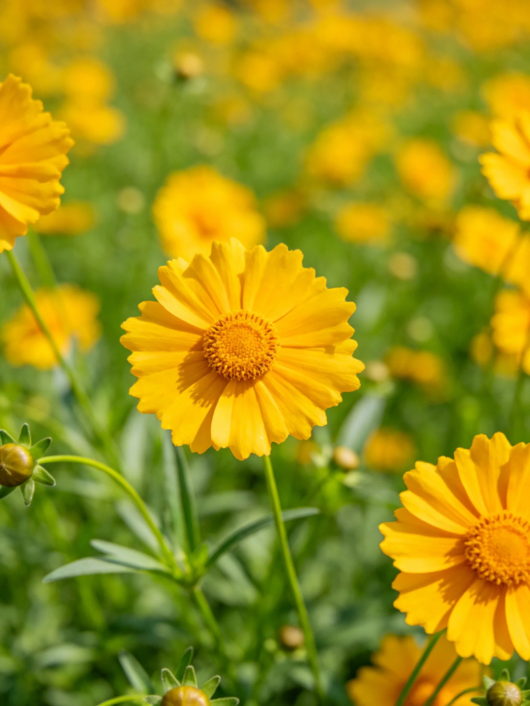 Vibrant yellow flowers bloom among lush green foliage