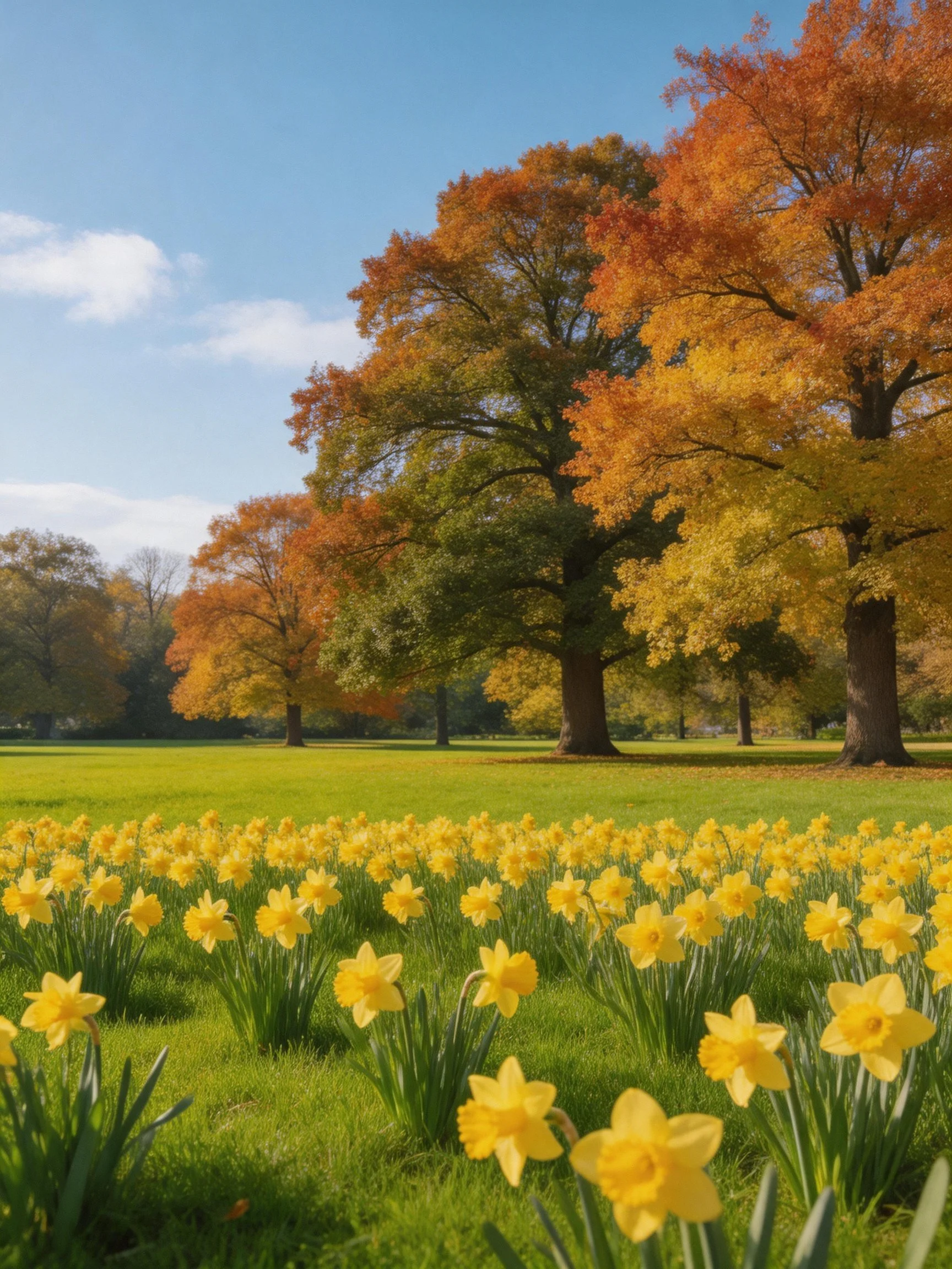 Vibrant yellow flowers bloom near large autumnal trees