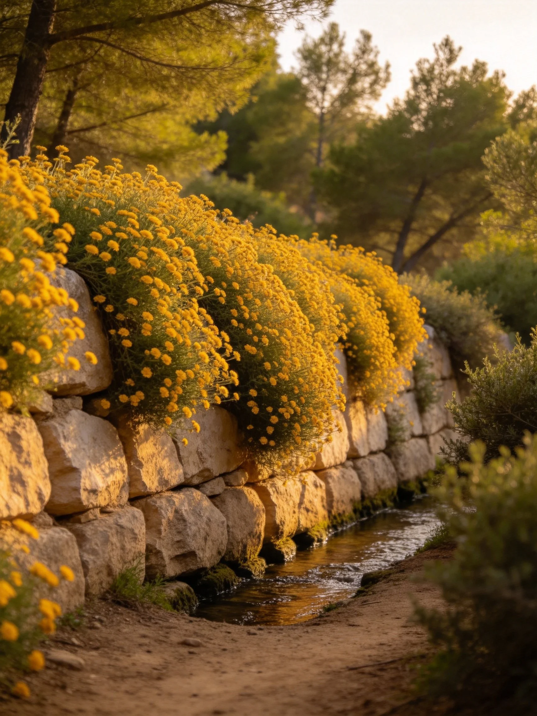 Vibrant yellow flowers cover ancient stone wall near stream
