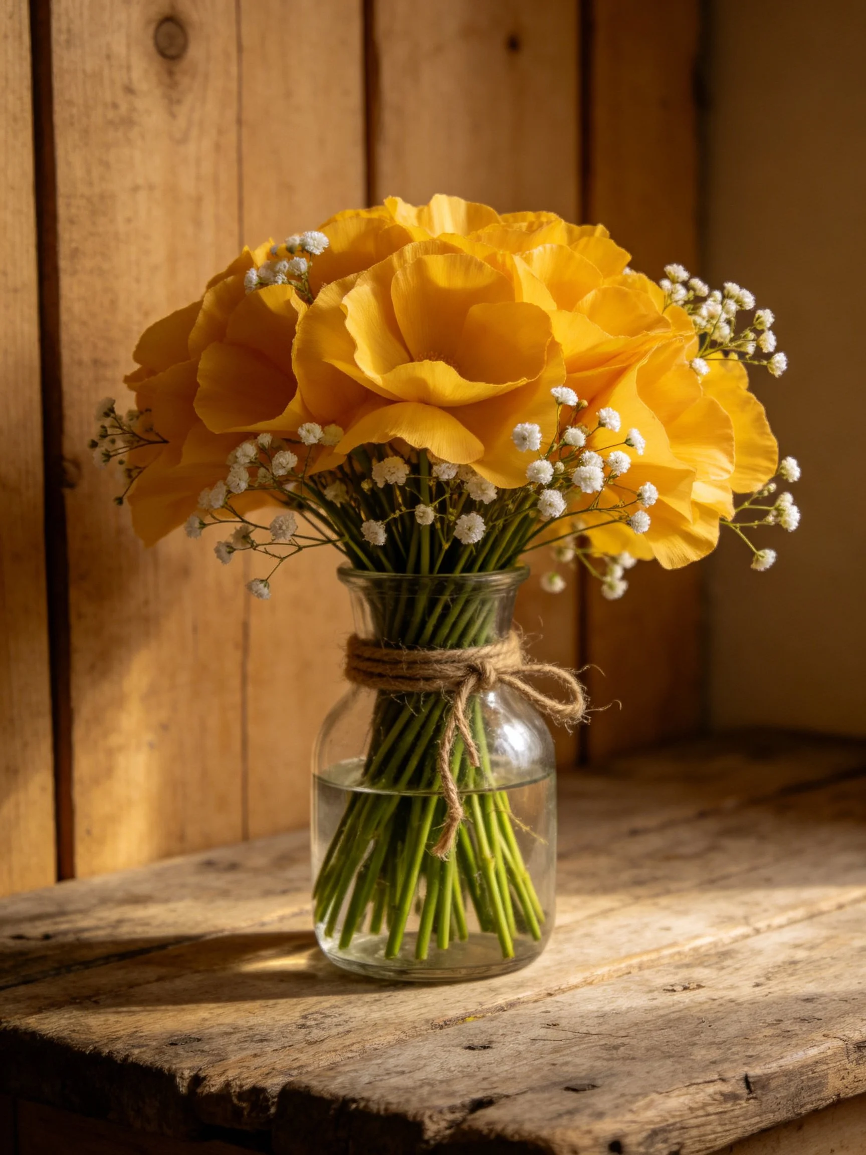Vibrant yellow flowers in glass jar with baby’s breath, rustic wood backdrop