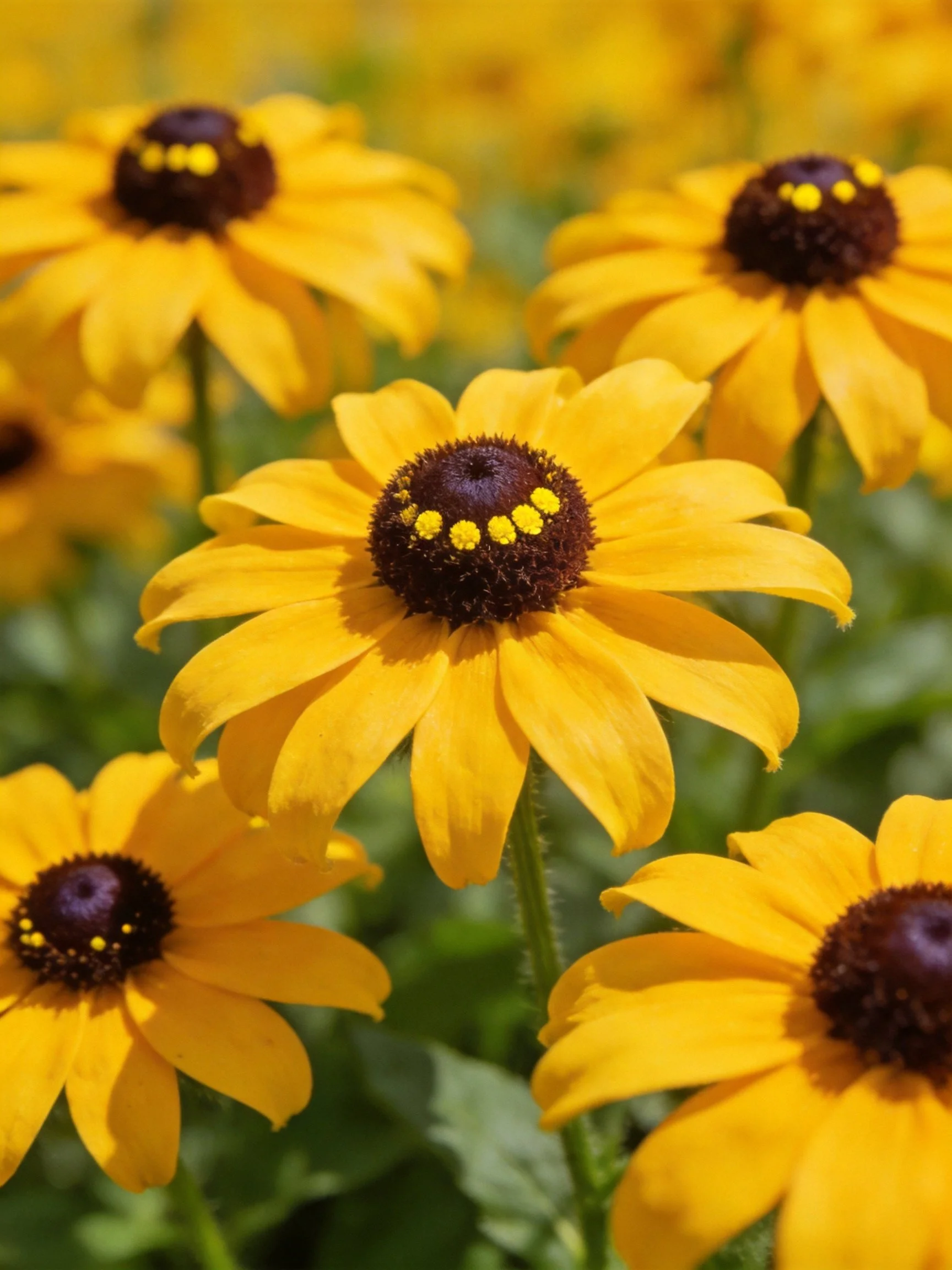 Vibrant yellow flowers with dark brown centers cluster in sunlight