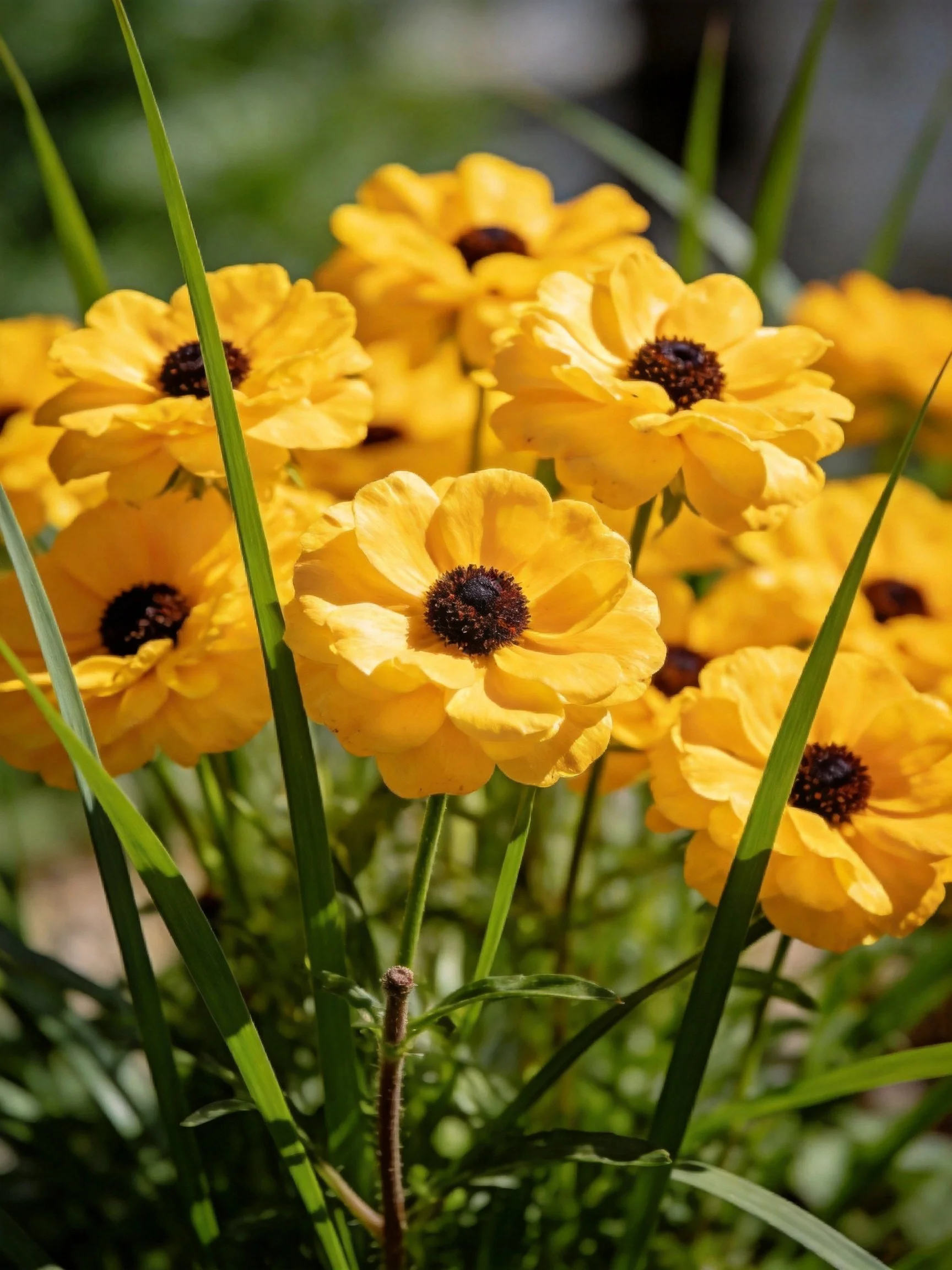 Vibrant yellow flowers with dark centers amid lush green foliage