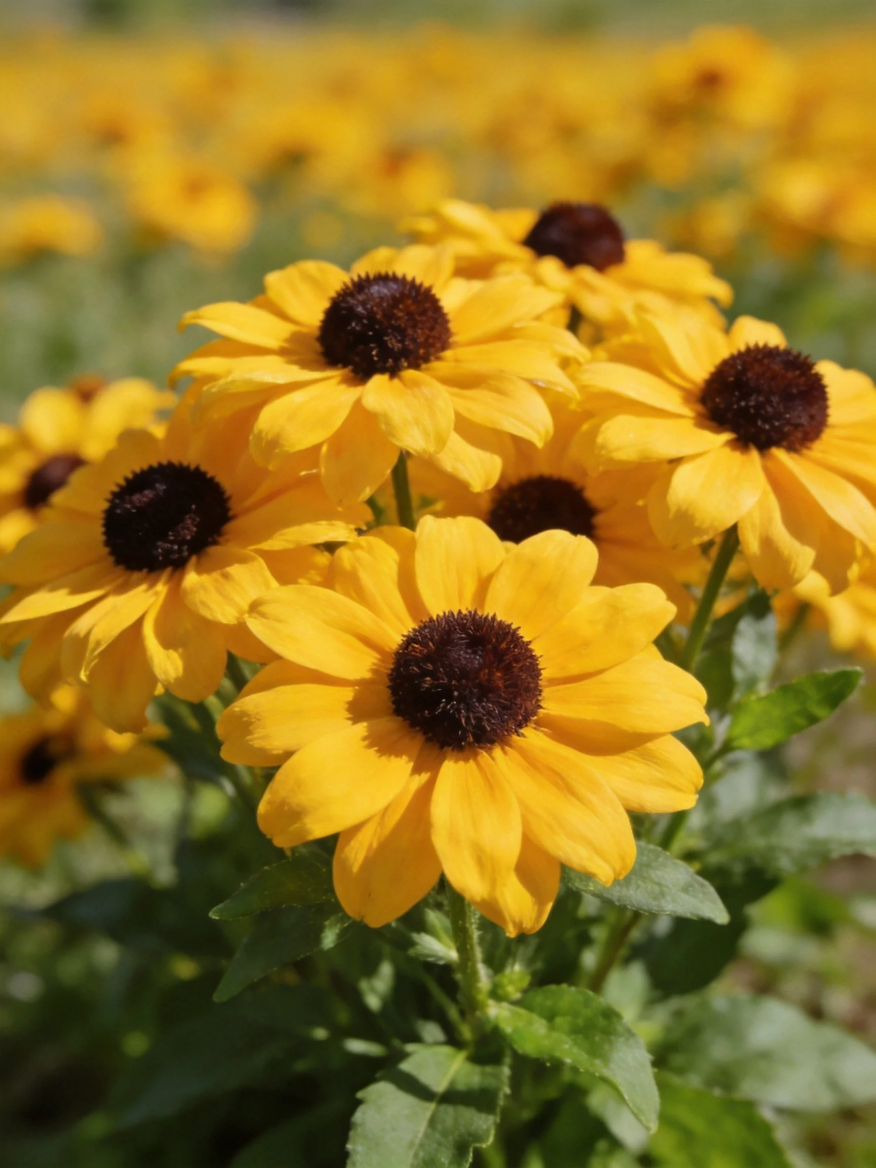 Vibrant yellow flowers with dark centers clustered in a sunlit field
