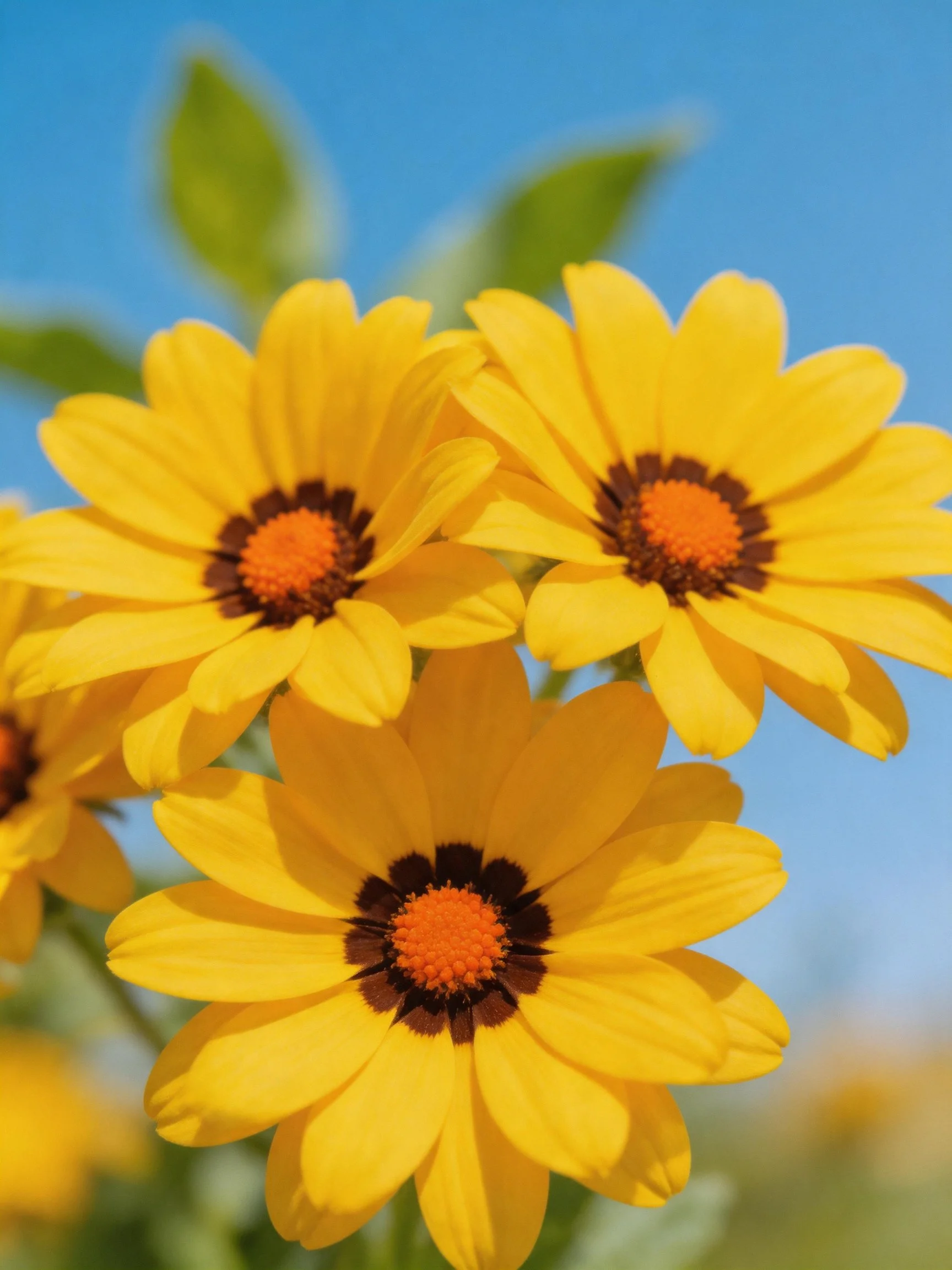 Vibrant yellow flowers with dark centers clustered near green foliage