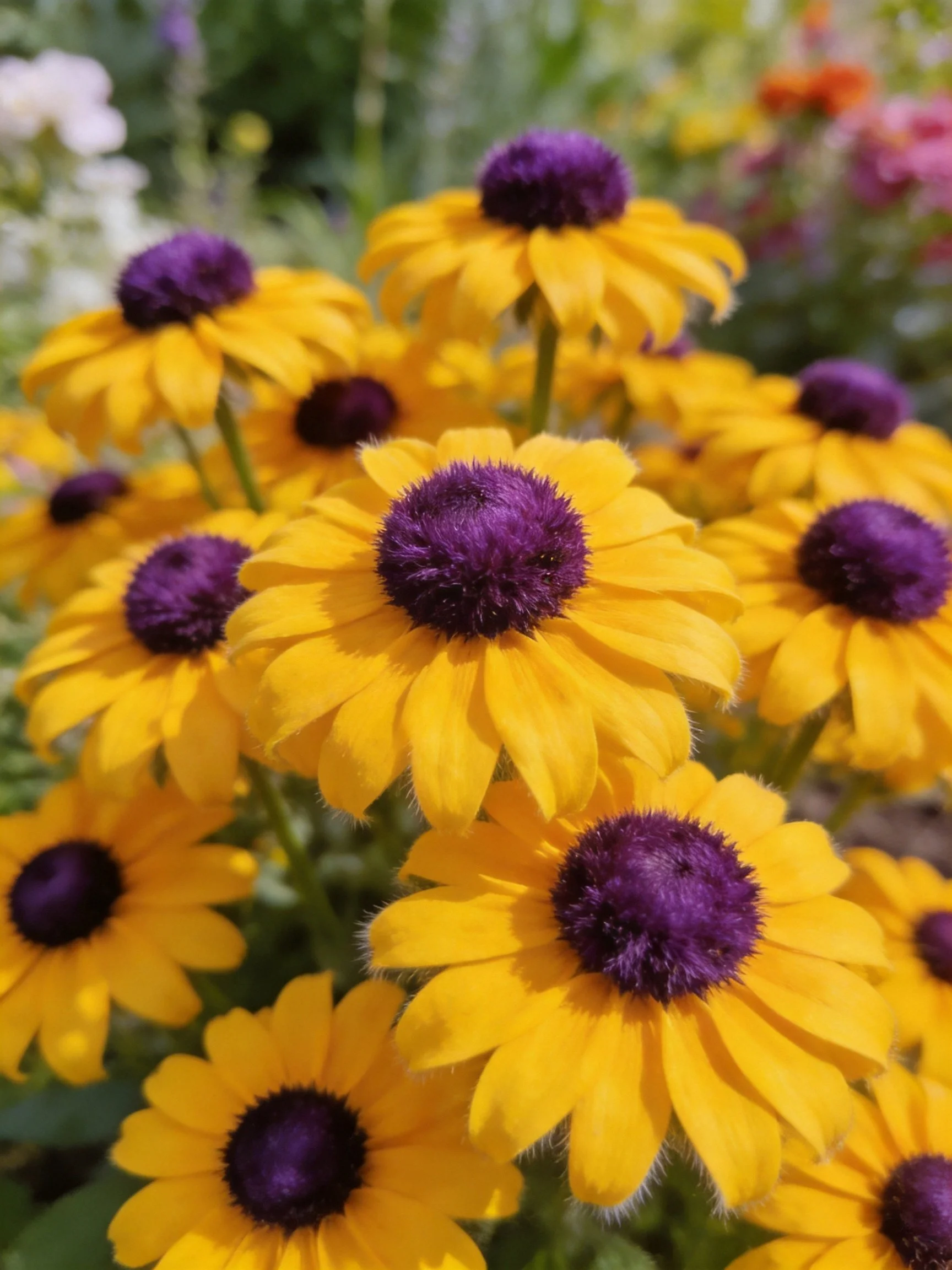 Vibrant yellow flowers with deep purple centers clustered in a sunny garden