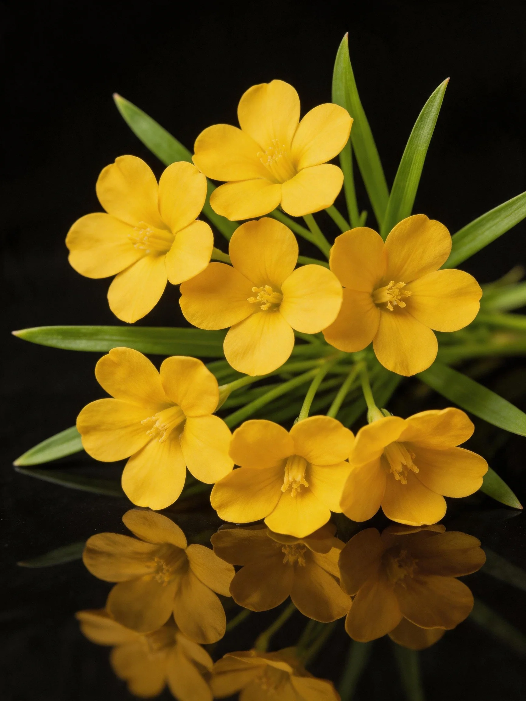 Vibrant yellow flowers with green foliage on dark reflective surface