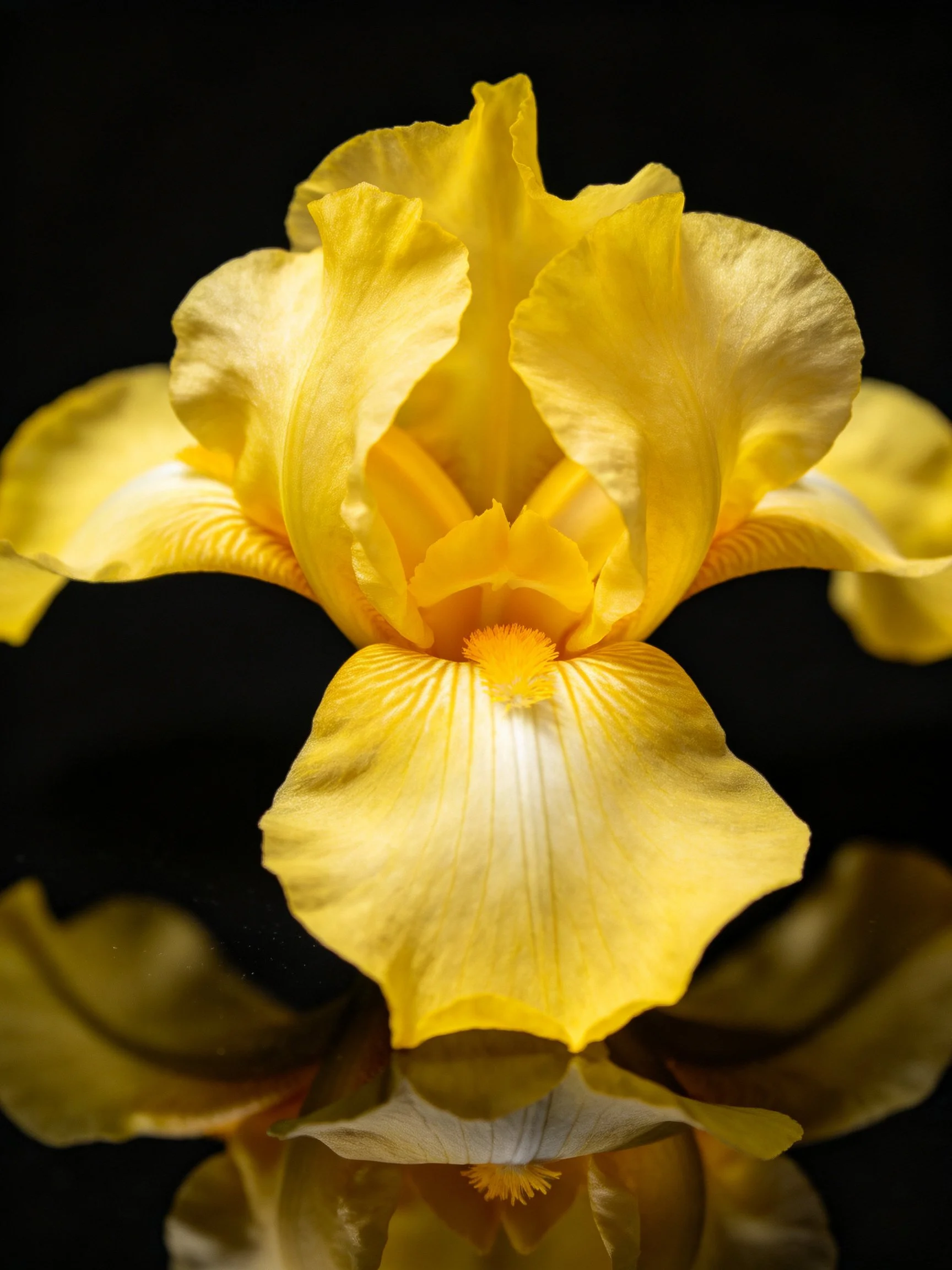 Vibrant yellow iris flower with dark background and reflection