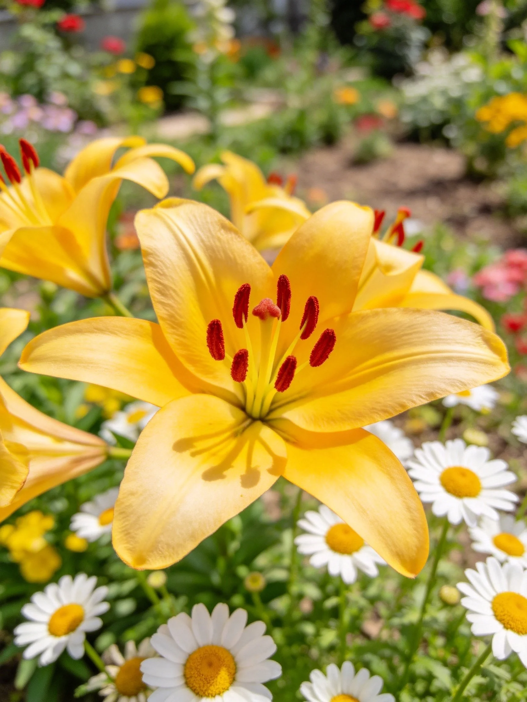Vibrant yellow lilies amid white daisies in a sun-drenched garden