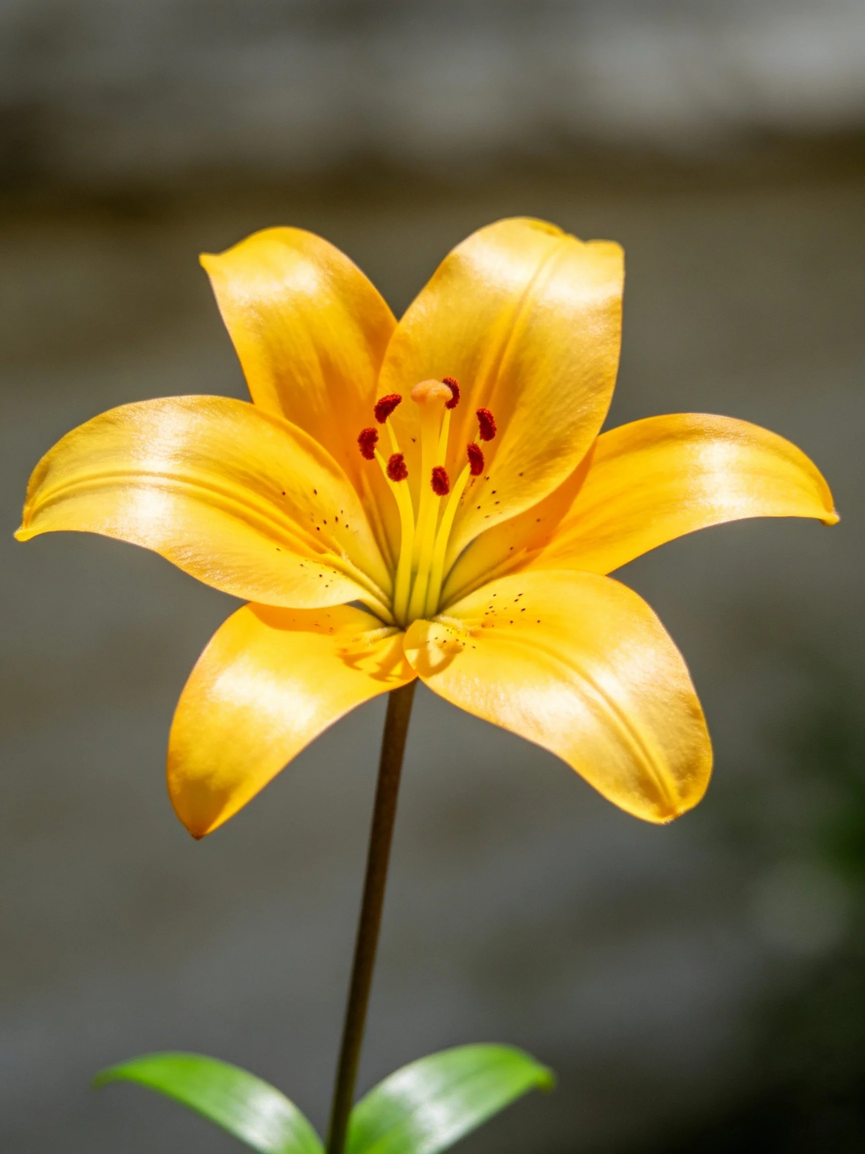 Vibrant yellow lily in full bloom with reddish stamens