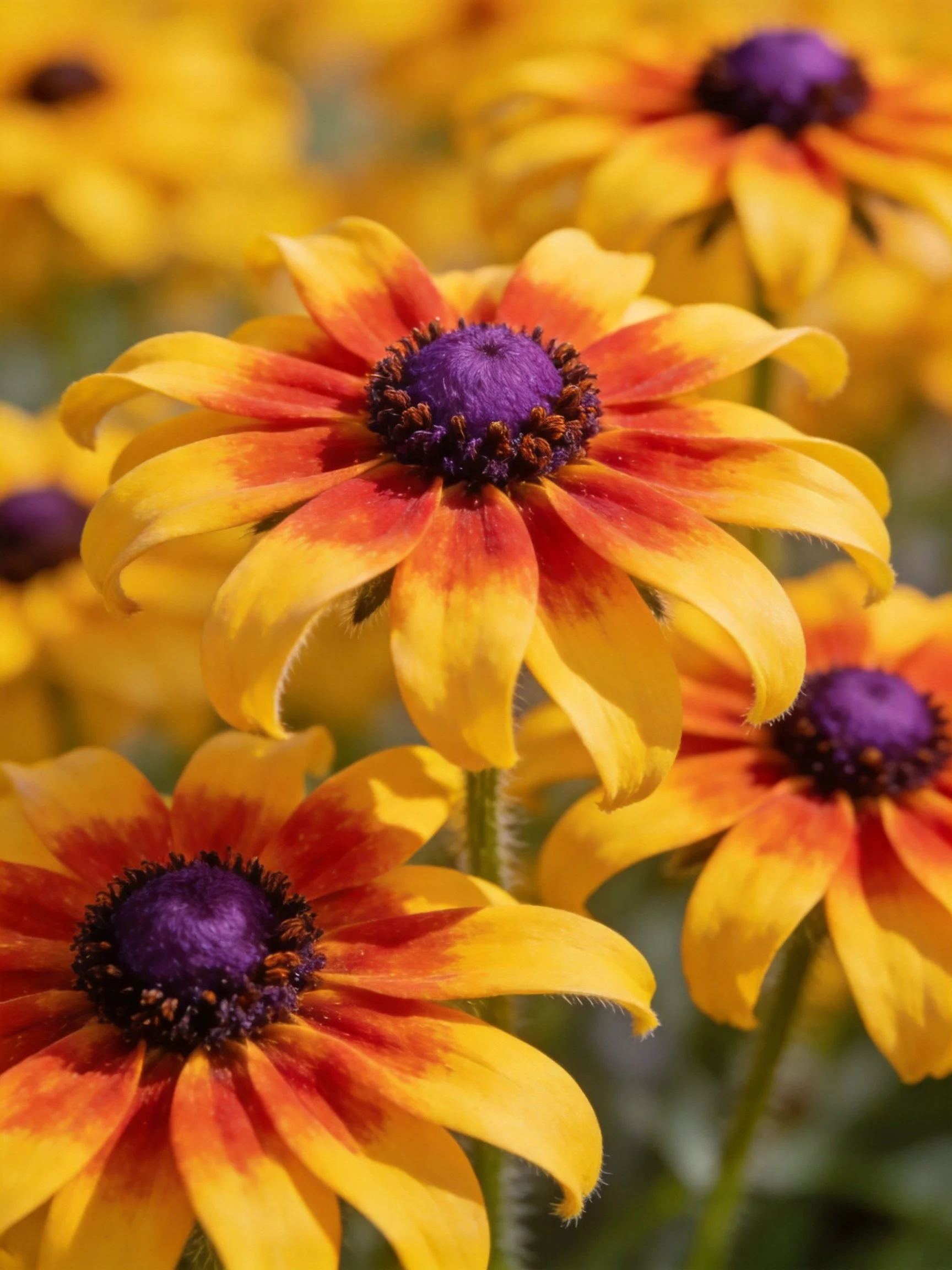 Vibrant yellow-orange flowers with deep purple centers