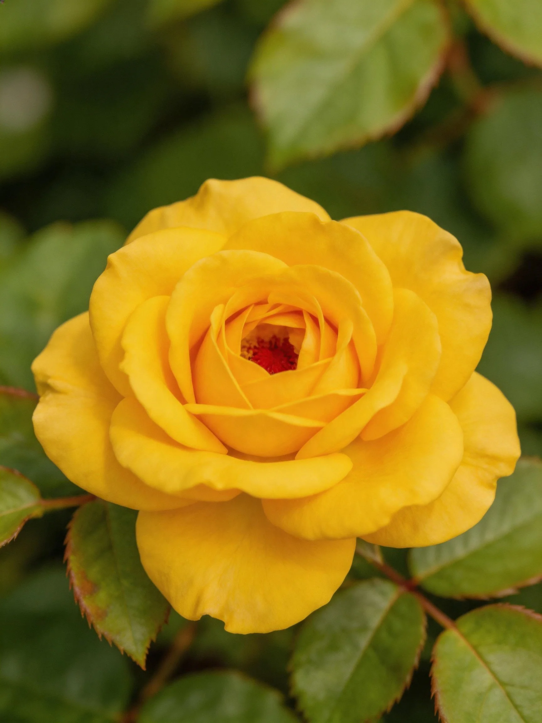 Vibrant yellow rose in full bloom among green leaves