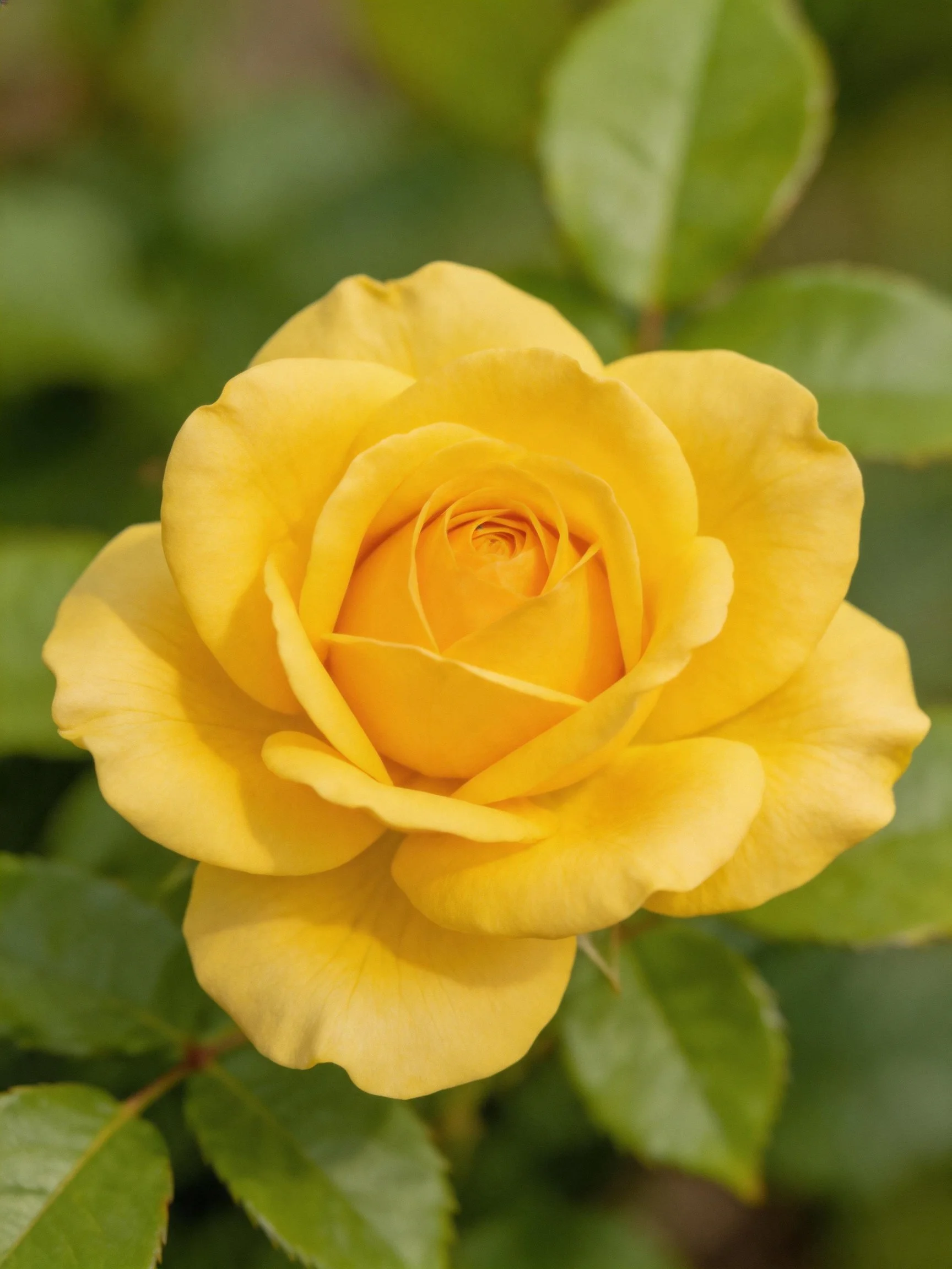 Vibrant yellow rose in full bloom with green foliage