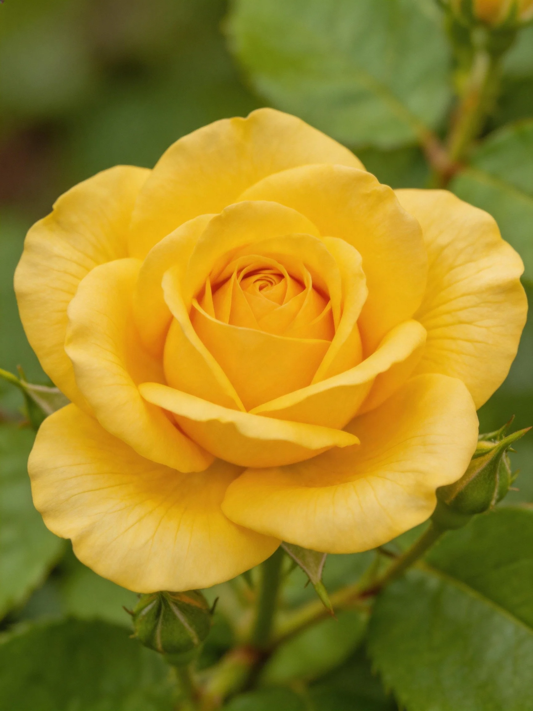 Vibrant yellow rose in full bloom with green foliage