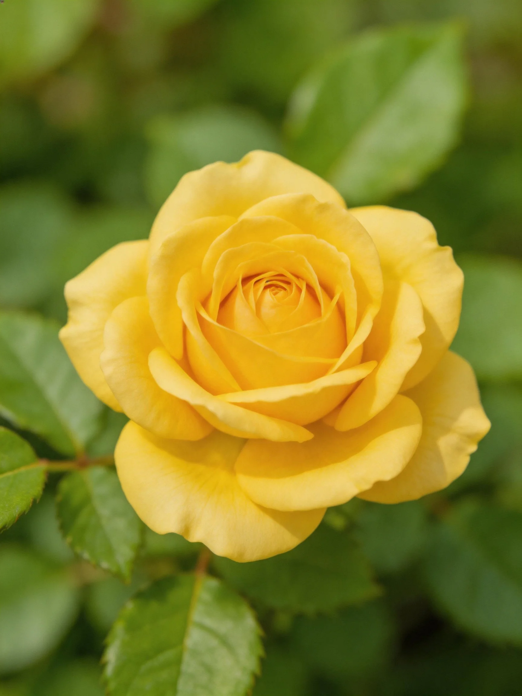 Vibrant yellow rose in full bloom with lush green leaves