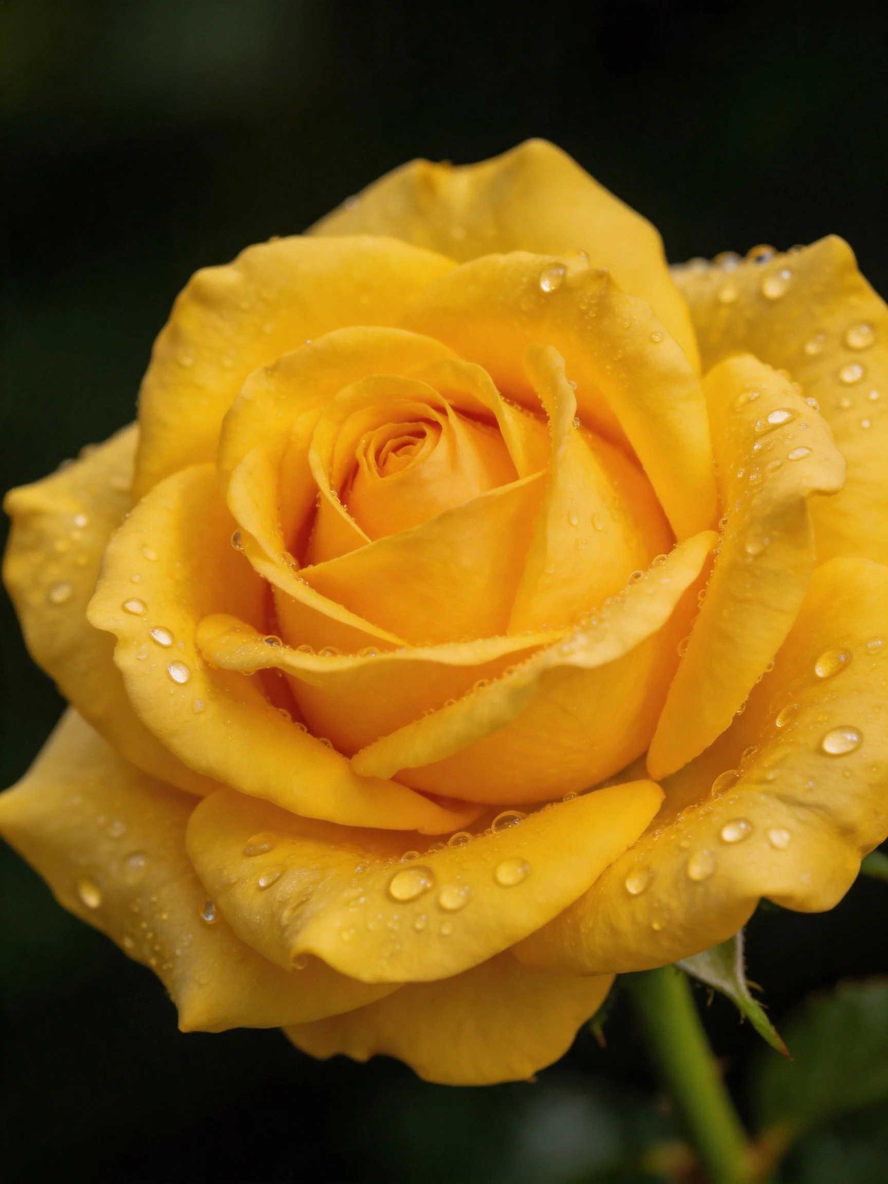 Vibrant yellow rose with numerous water droplets