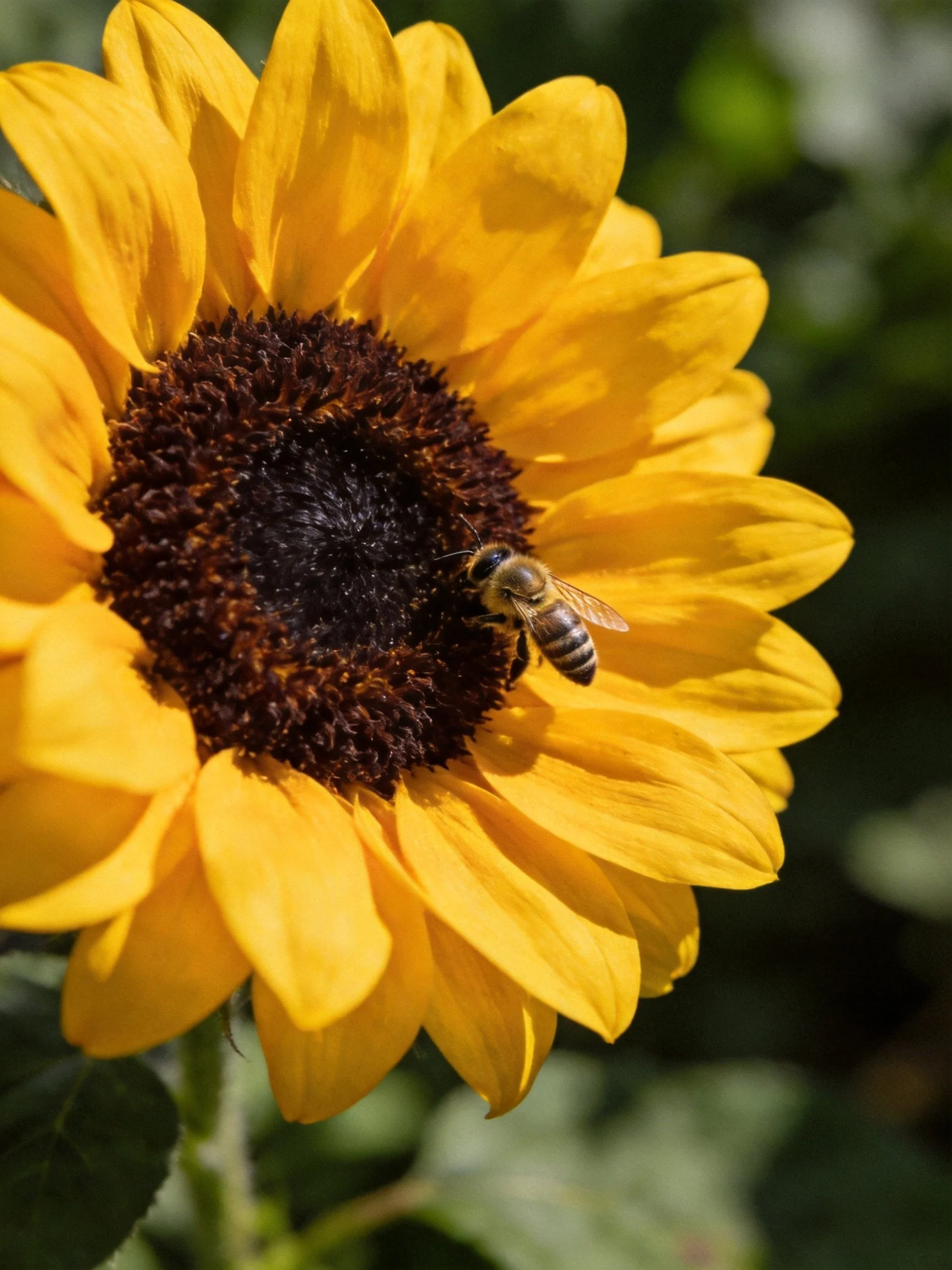 Vibrant yellow sunflower with a honeybee on its dark center