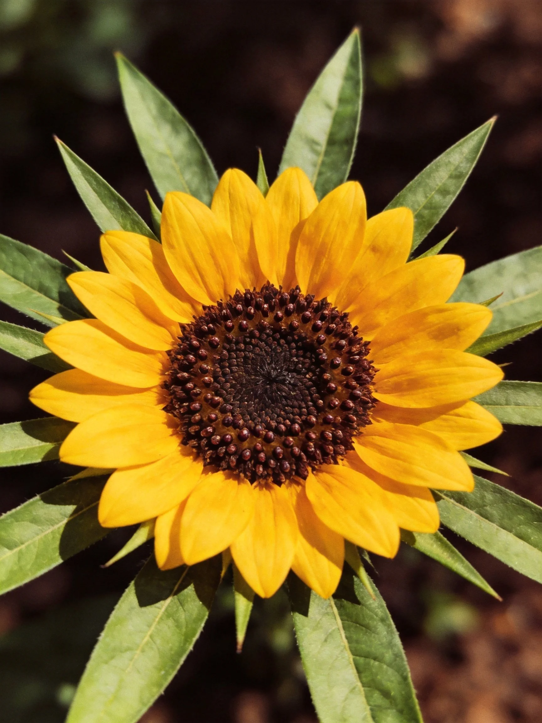 Vibrant yellow sunflower with dark brown center and green leaves