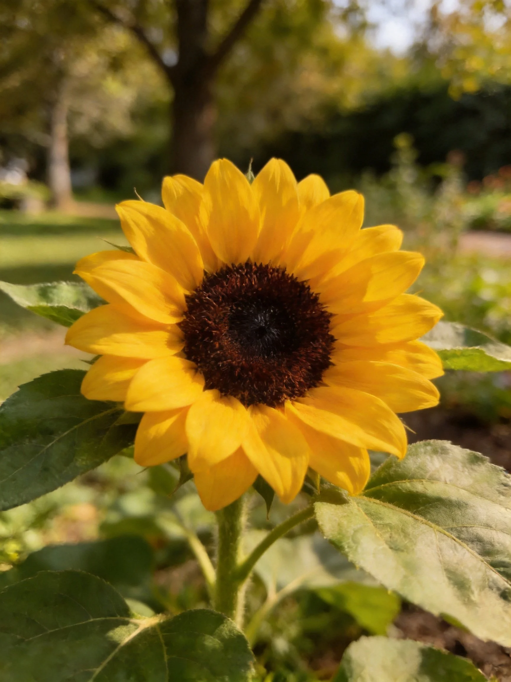 Vibrant yellow sunflower with dark brown center in a lush garden
