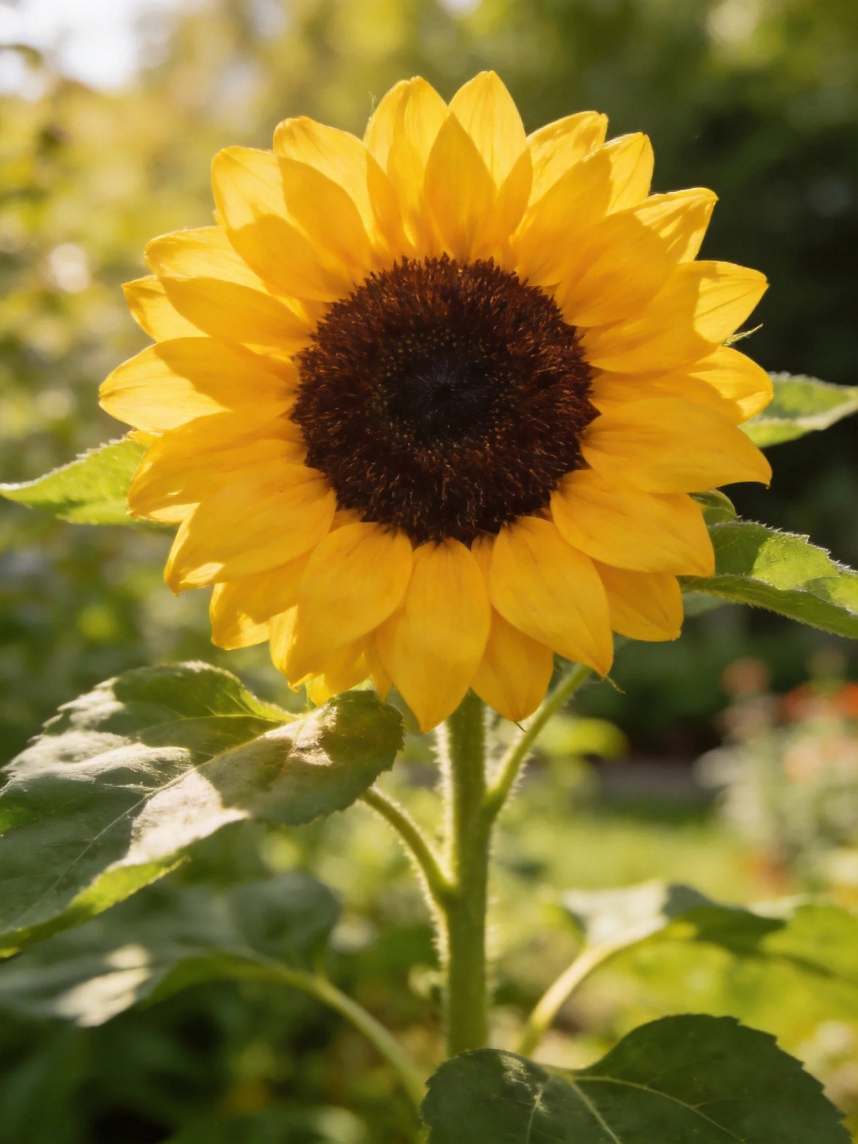 Vibrant yellow sunflower with dark brown center in a sunlit garden