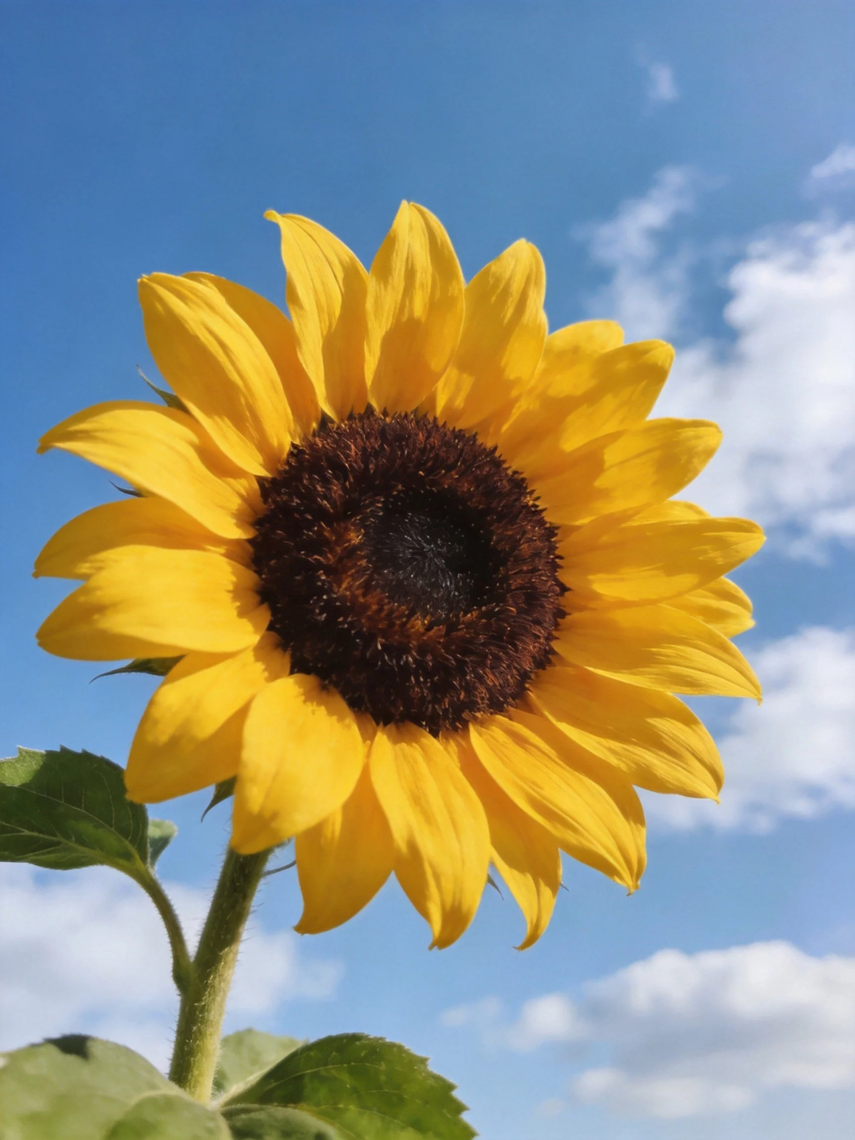 Vibrant yellow sunflower with dark center against blue sky