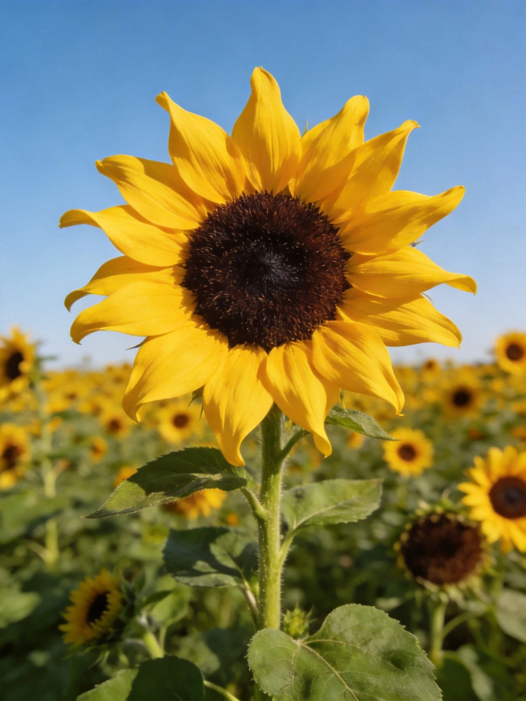 Vibrant yellow sunflower with dark center amid sunflower field under clear blue sky