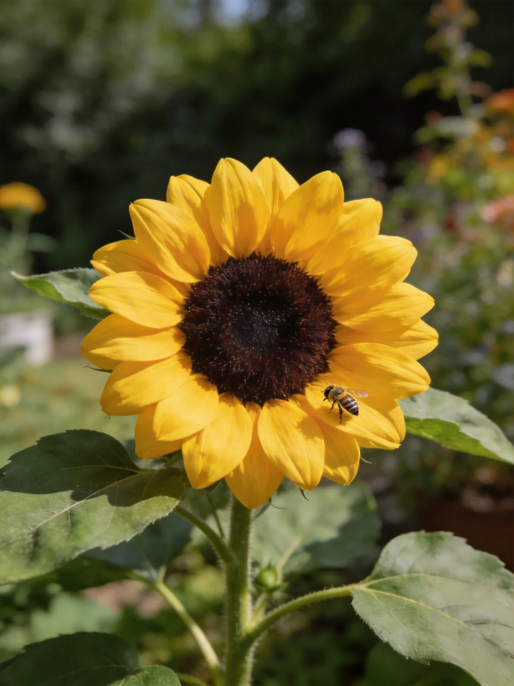 Vibrant yellow sunflower with dark center and bee nearby