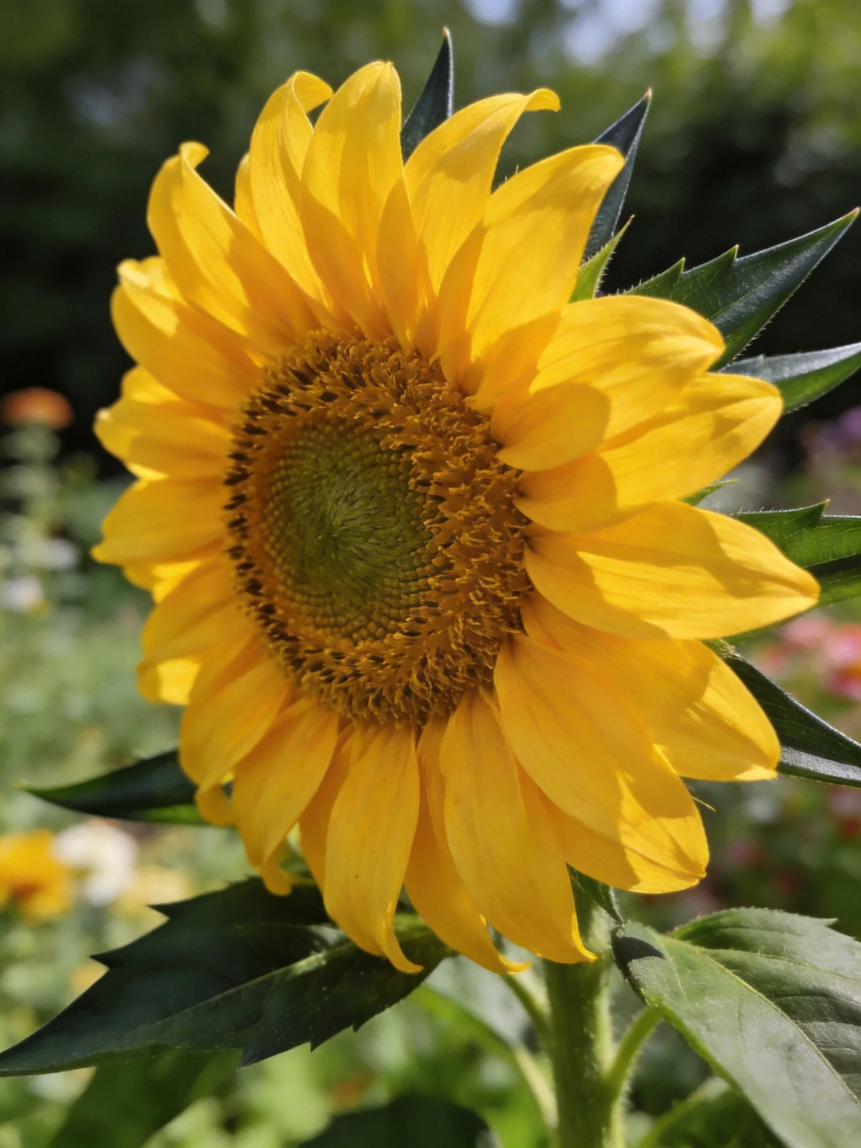 Vibrant yellow sunflower with dark green leaves in a sunny garden