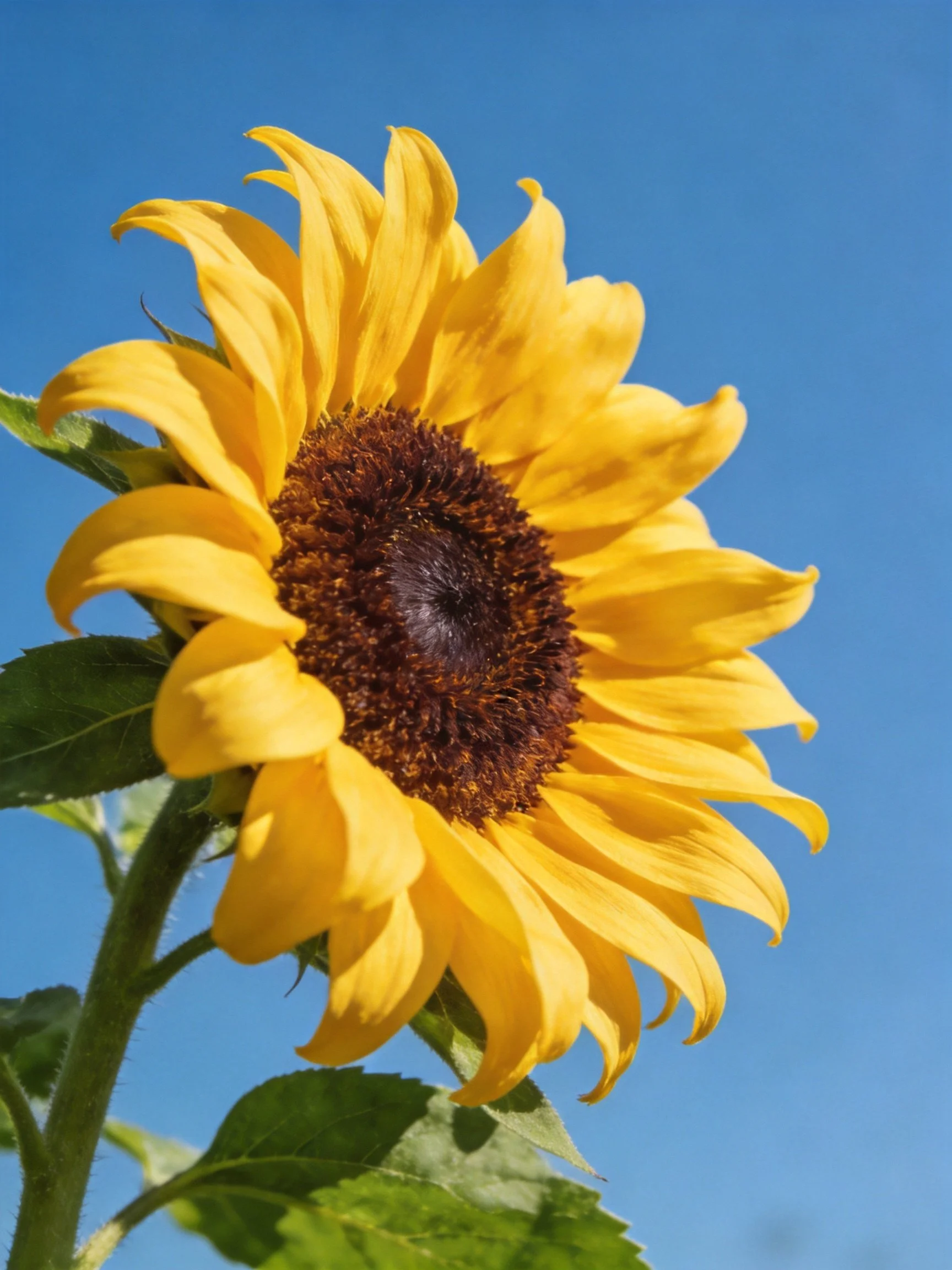 Vibrant yellow sunflower with darkbrown center against clear blue sky