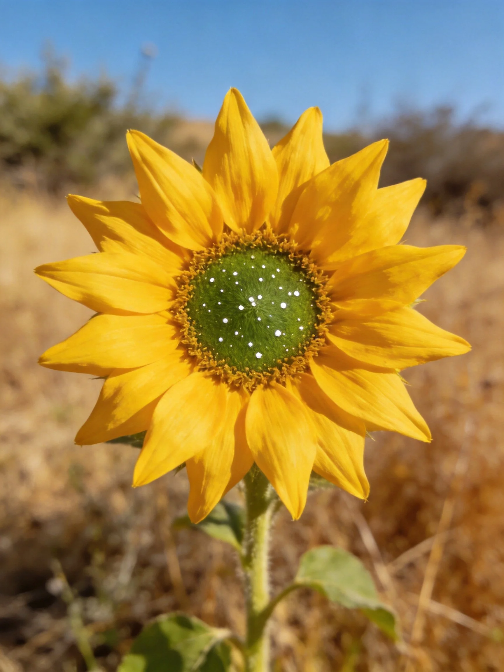 Vibrant yellow sunflower with green center in dry landscape