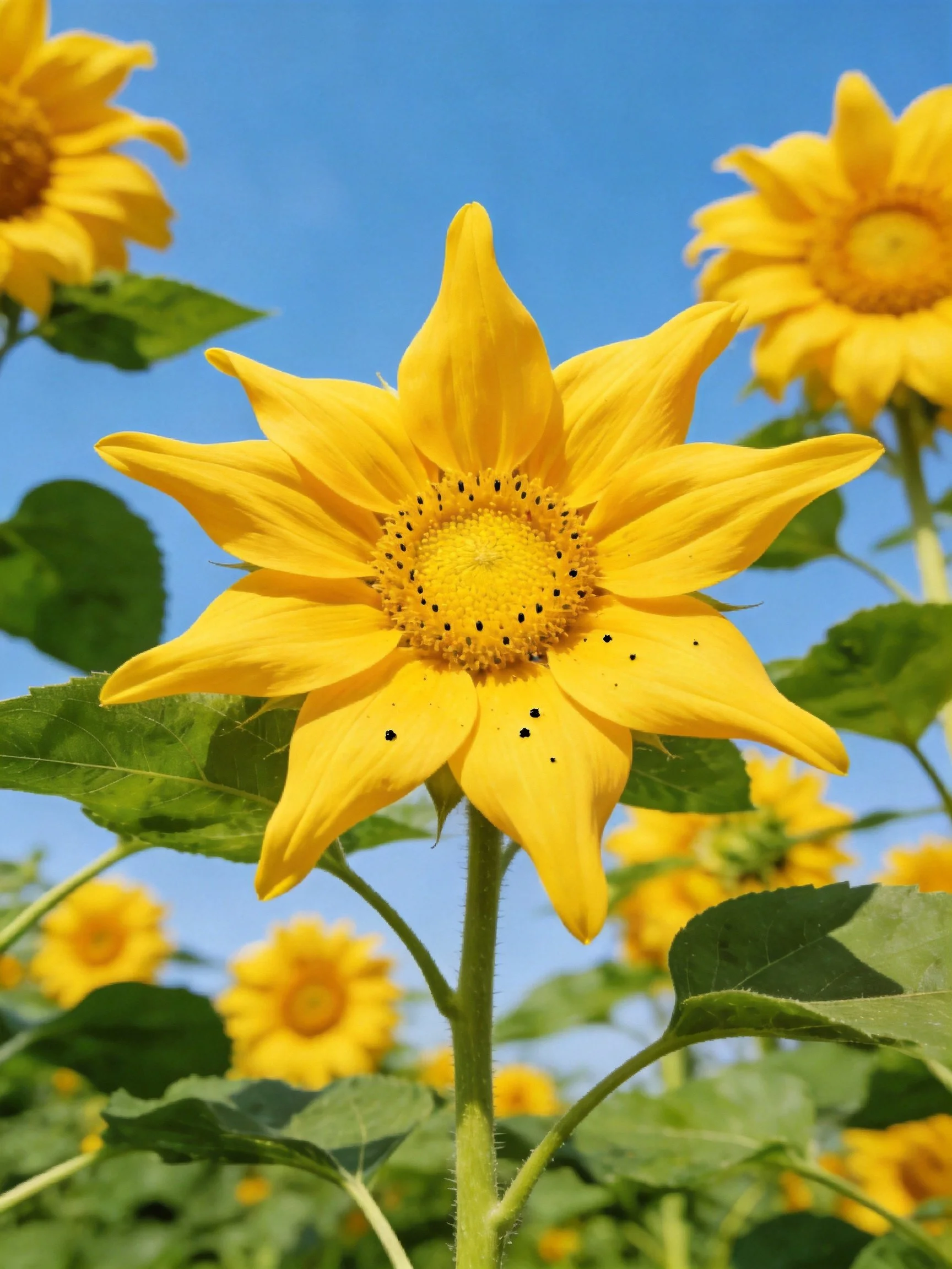 Vibrant yellow sunflowers bloom against clear blue sky