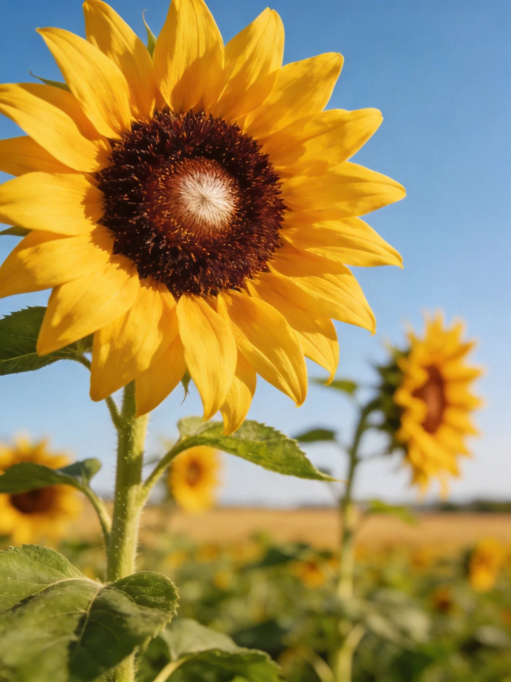 Vibrant yellow sunflowers bloom in a sunflower field under clear blue sky