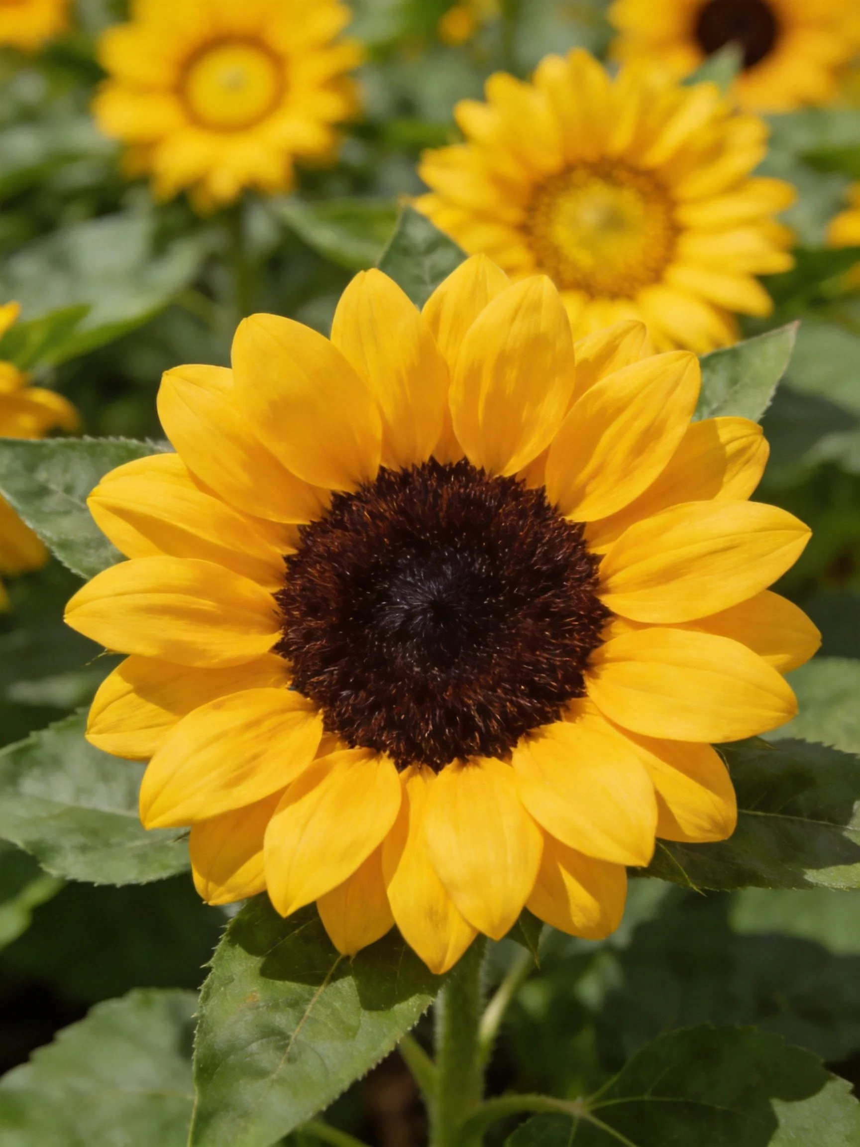 Vibrant yellow sunflowers with dark centers amid green foliage