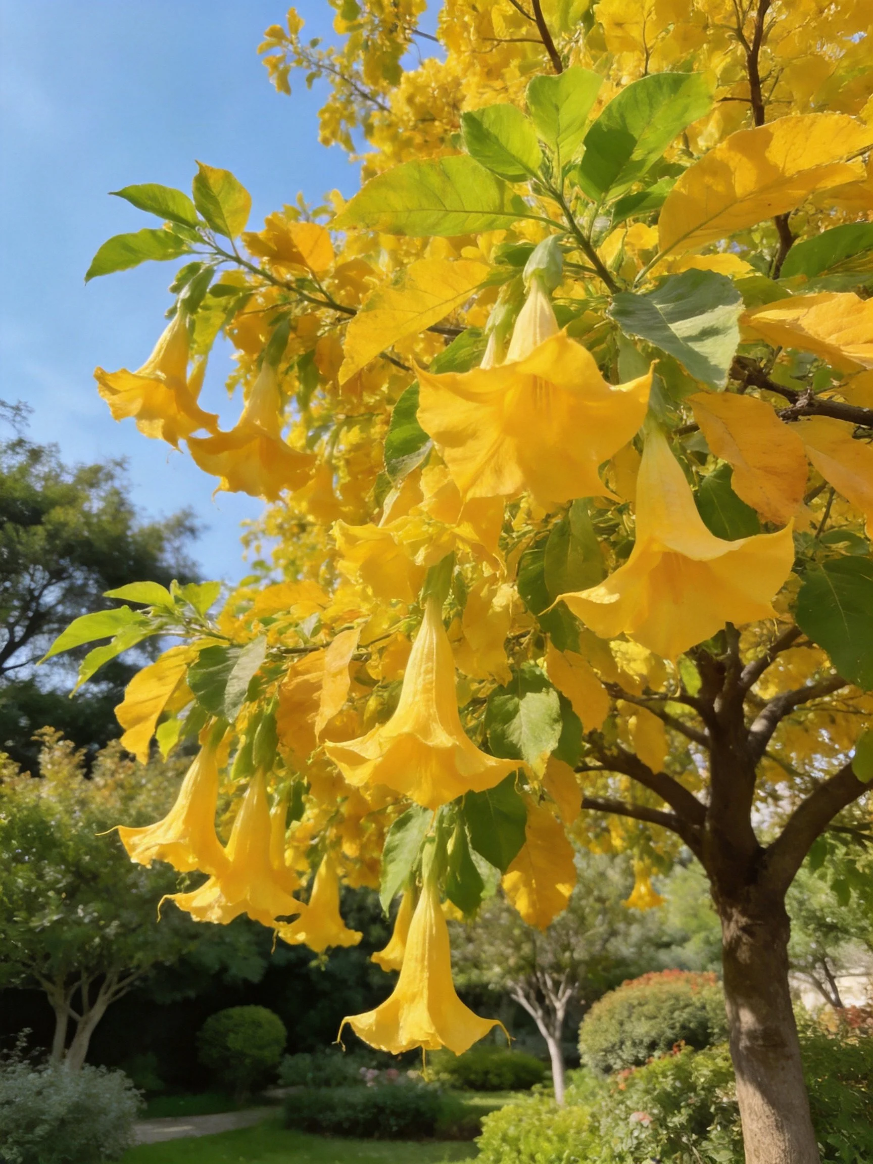Vibrant yellow trumpet flowers adorn a leafy tree in a sunny garden