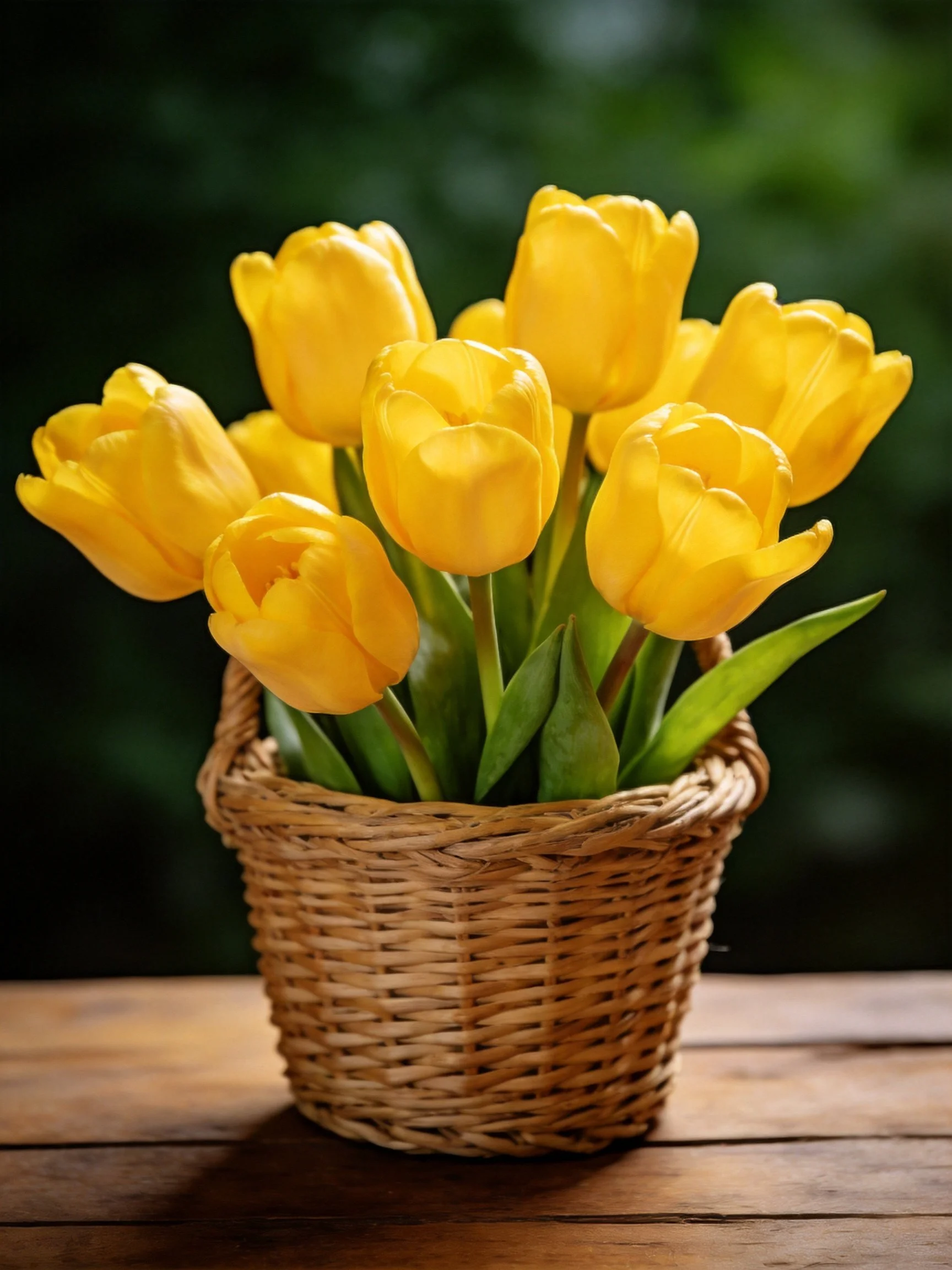 Vibrant yellow tulips arranged in a wicker basket on a wooden table