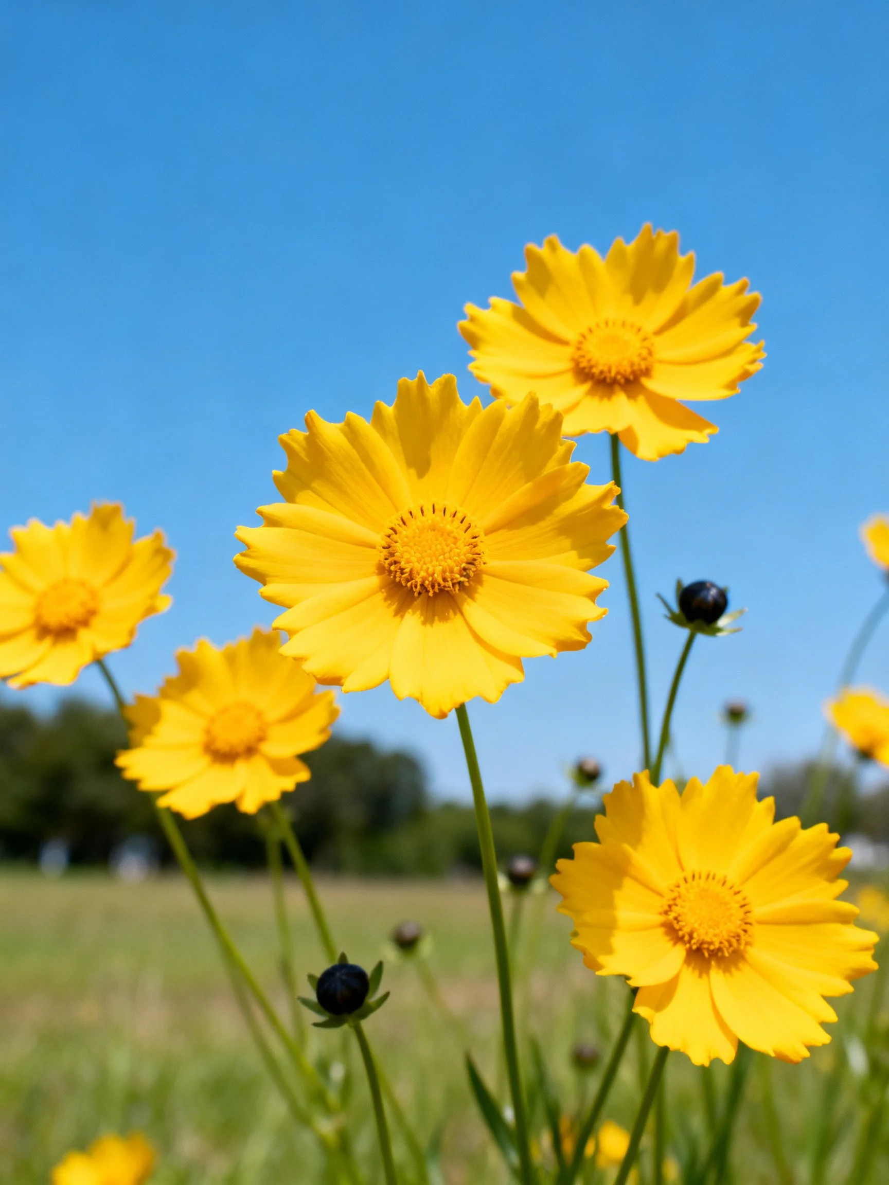 Vibrant yellow wildflowers bloom against a clear blue sky