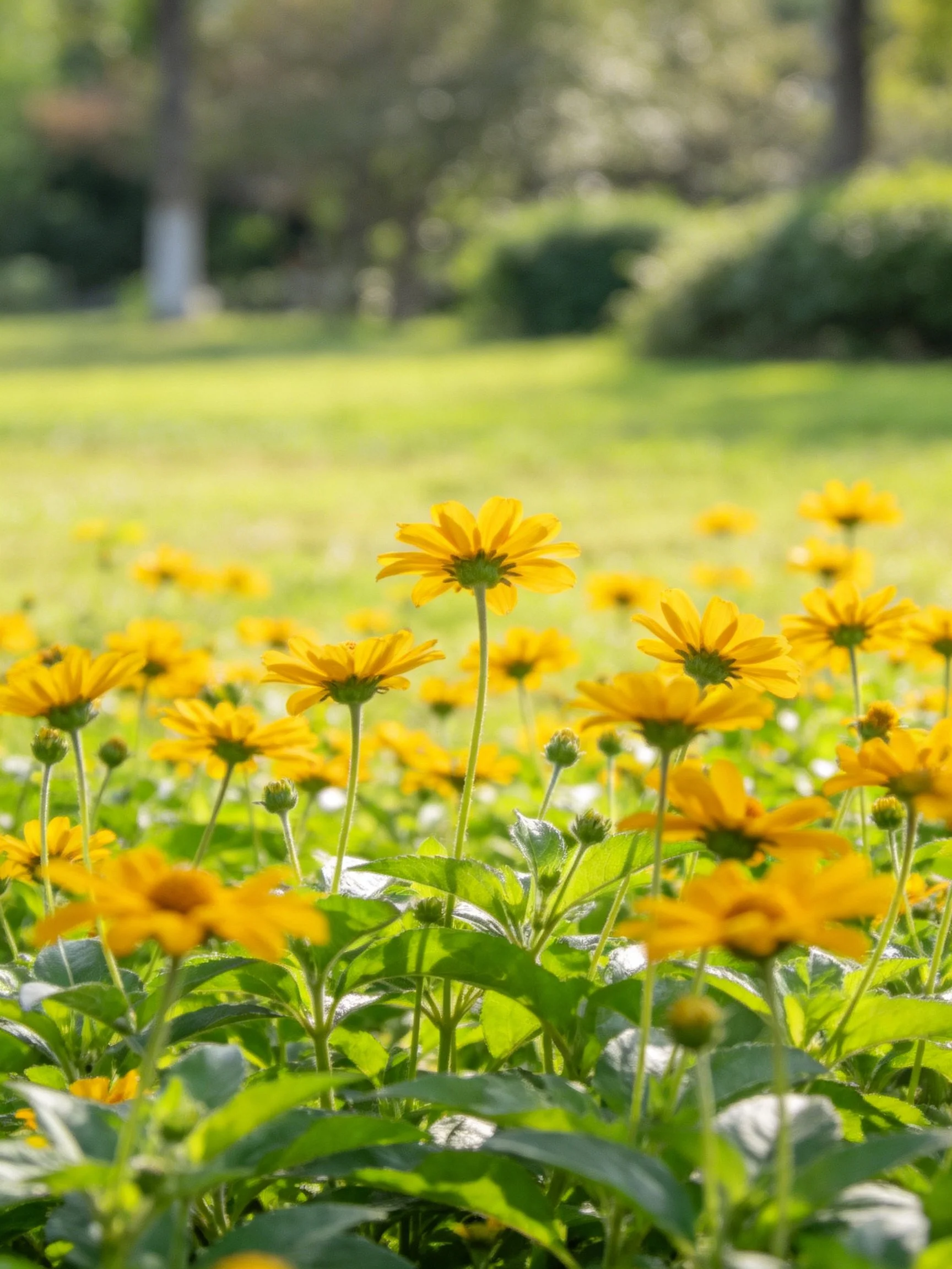 Vibrant yellow wildflowers bloom among lush green foliage