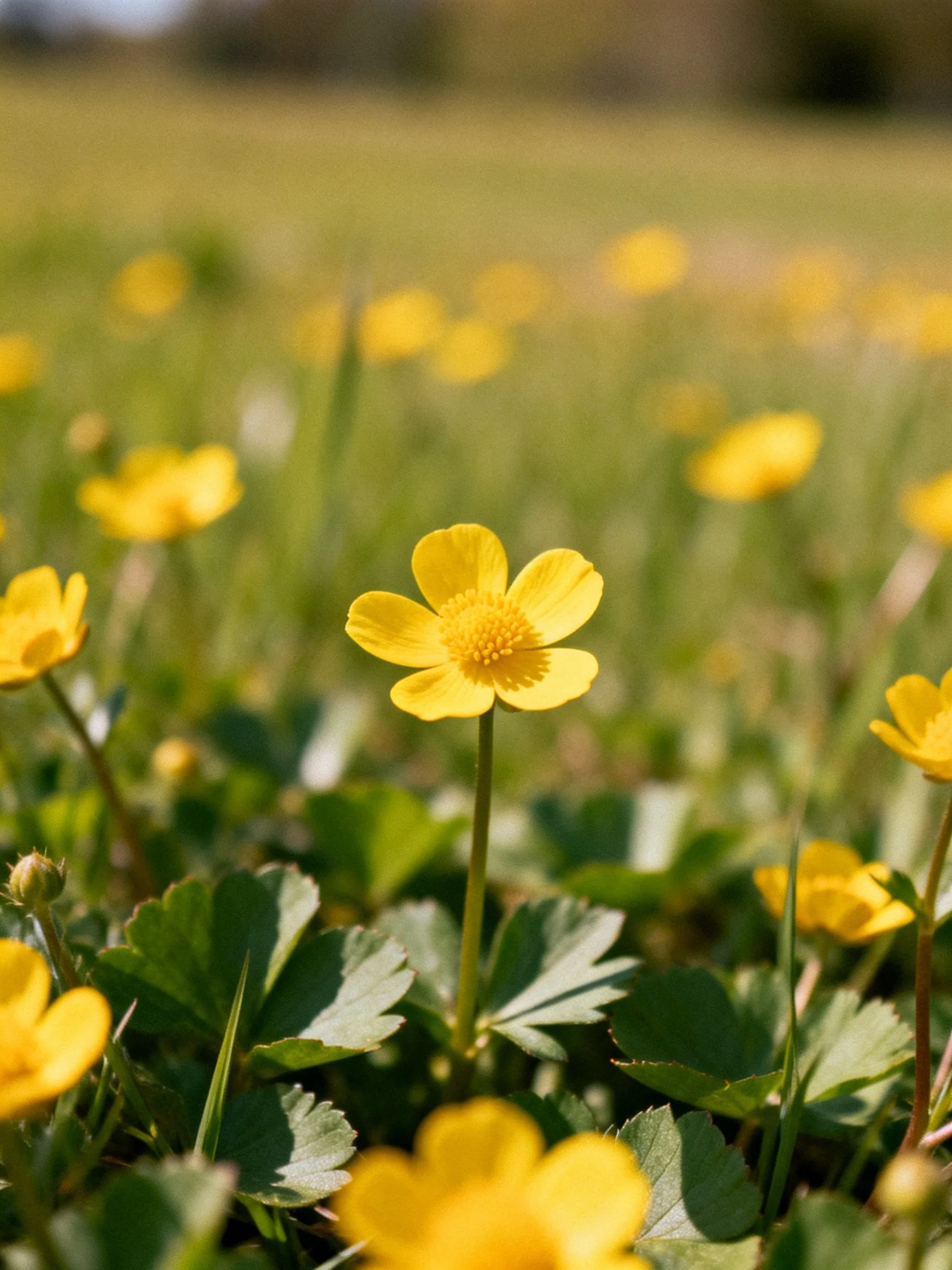 Vibrant yellow wildflowers blooming amid green foliage in a sun-drenched field