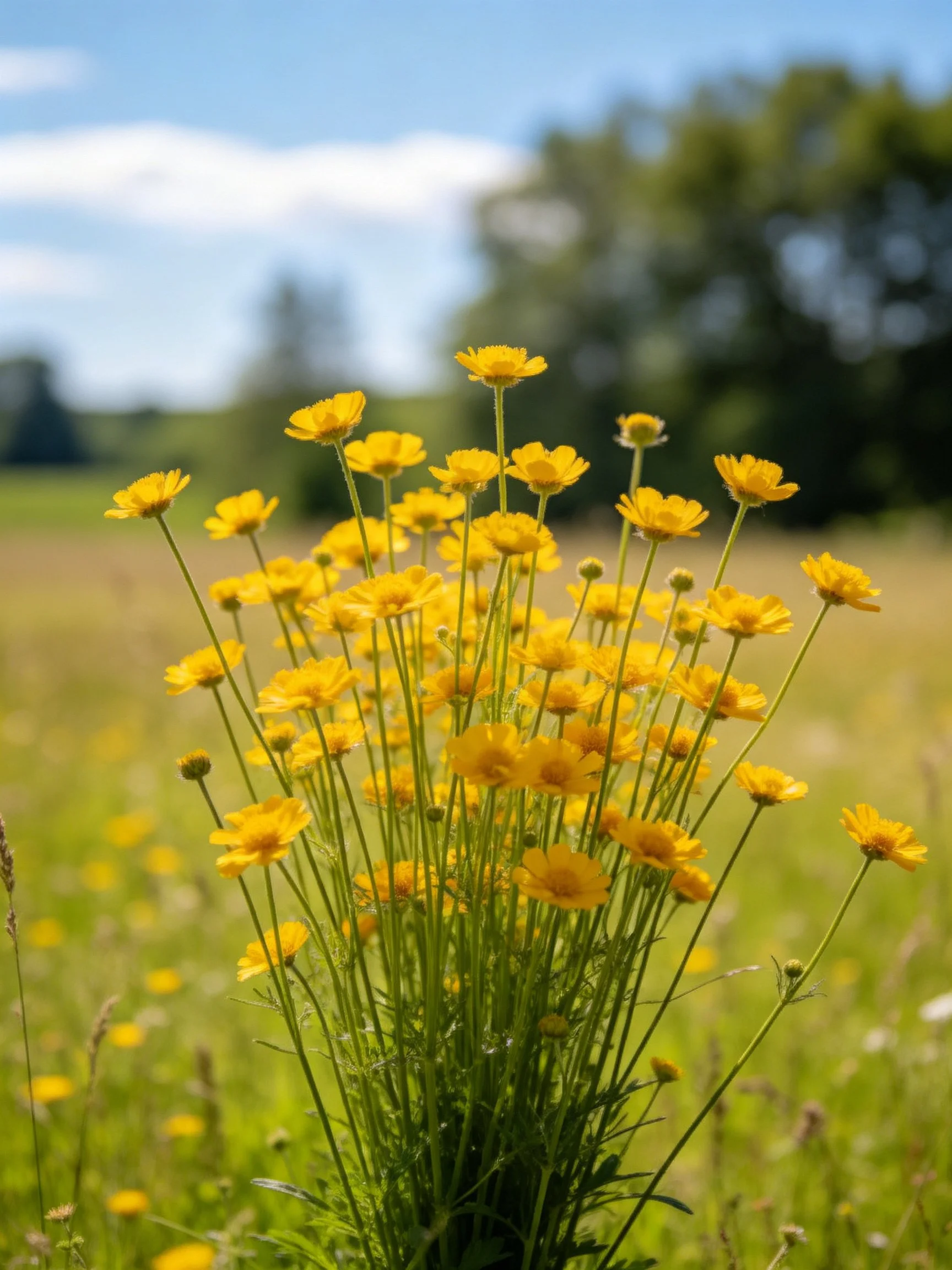 Vibrant yellow wildflowers flourish in a sunlit meadow