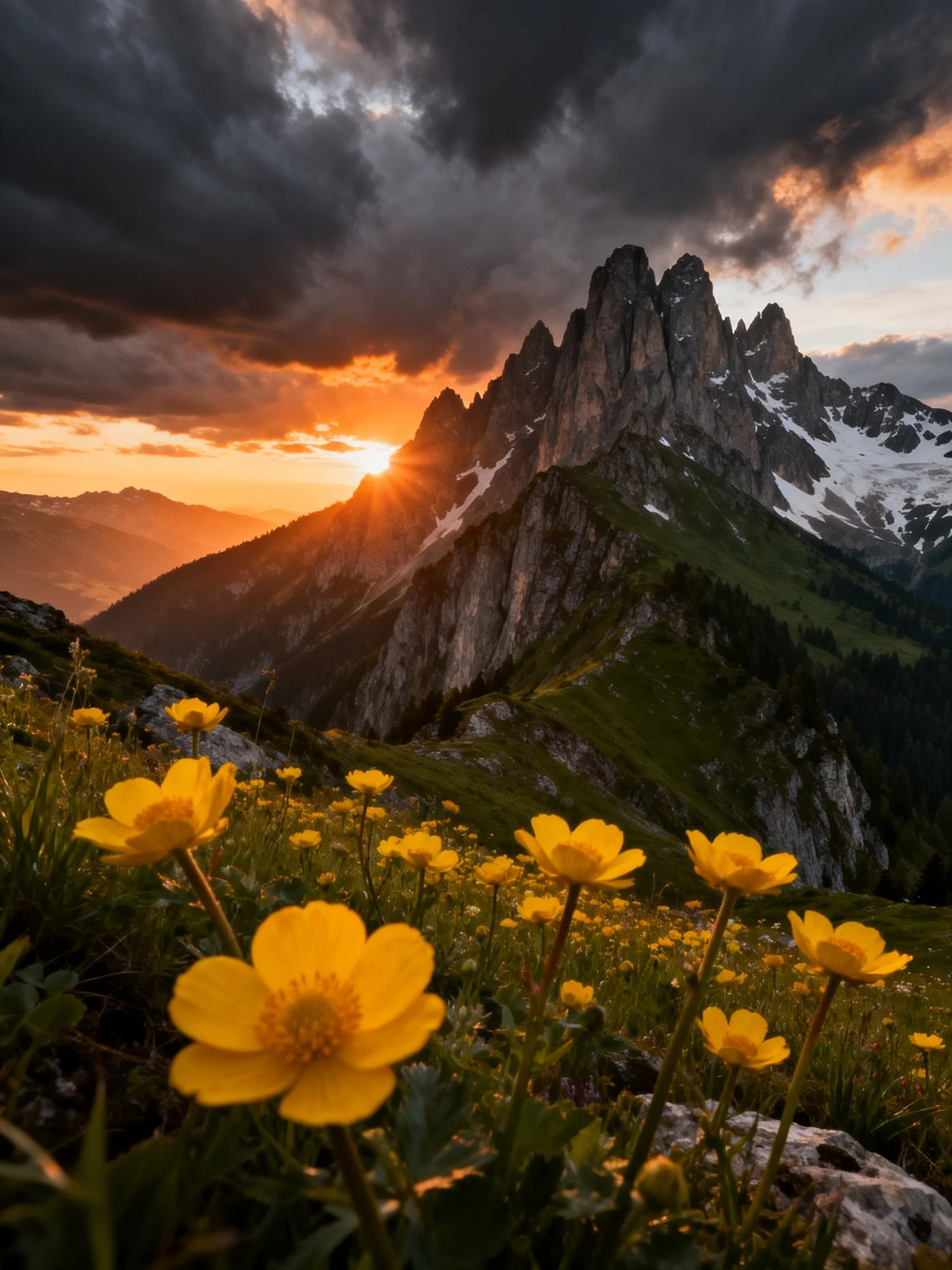 Vibrant yellow wildflowers near jagged mountain peaks at sunset