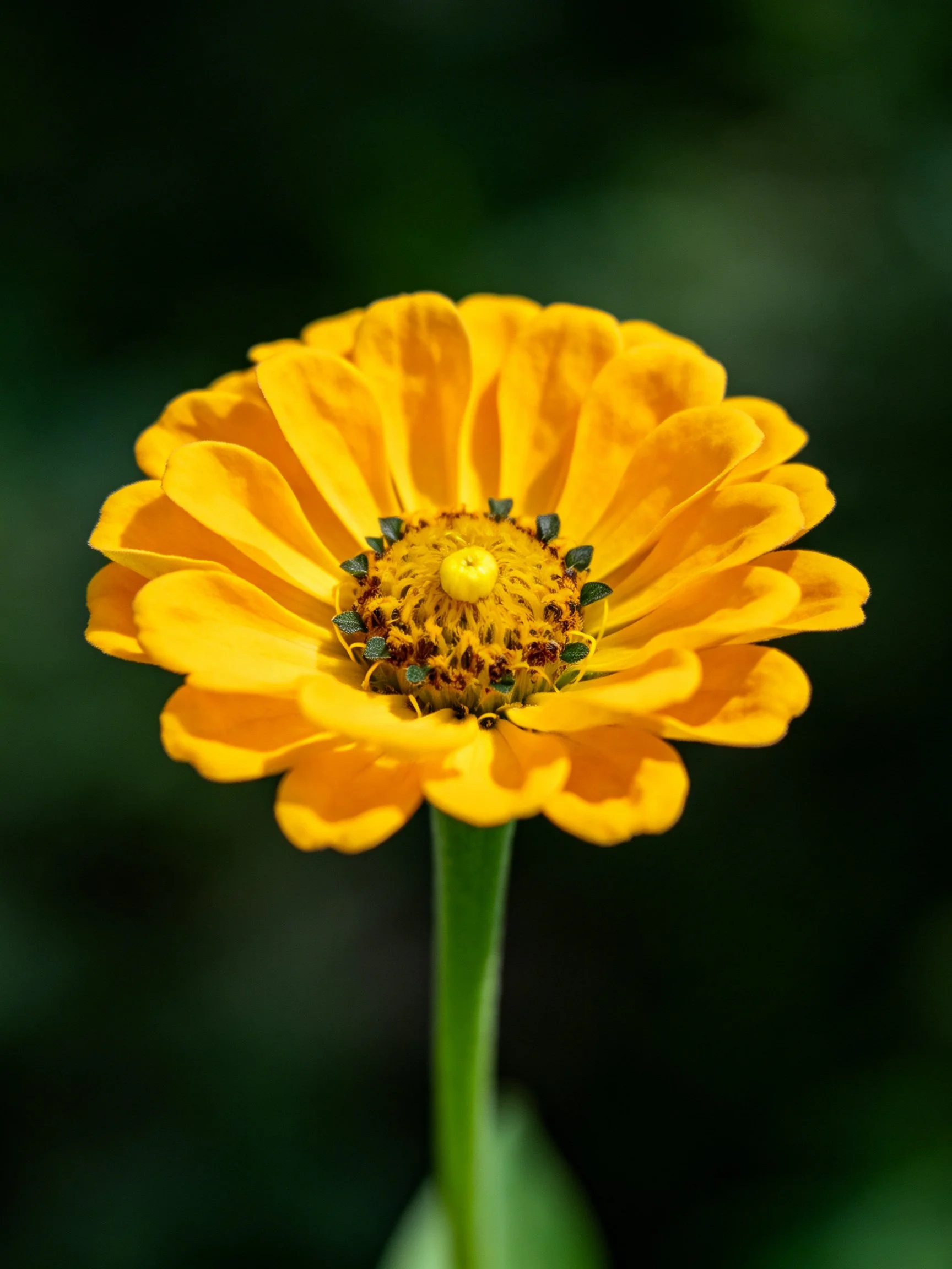 Vibrant yellow zinnia flower with a green stem