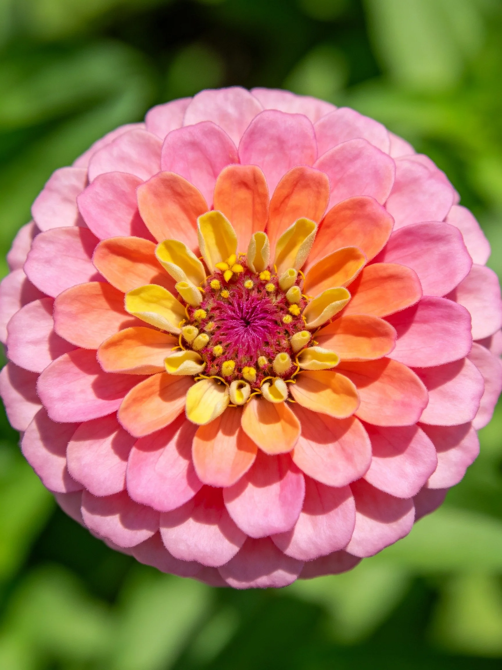 Vibrant zinnia with layered pink and orange petals