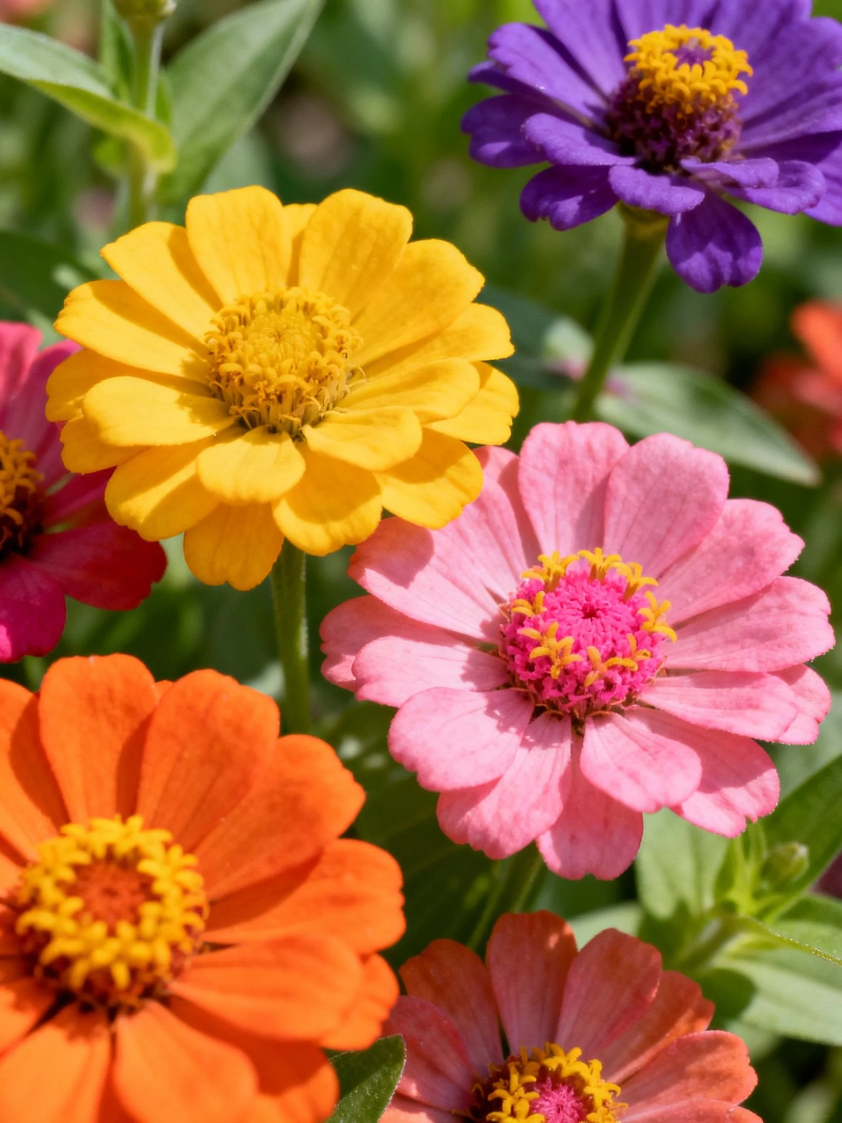 Vibrant zinnias in yellow, pink, purple, and orange bloom among green foliage