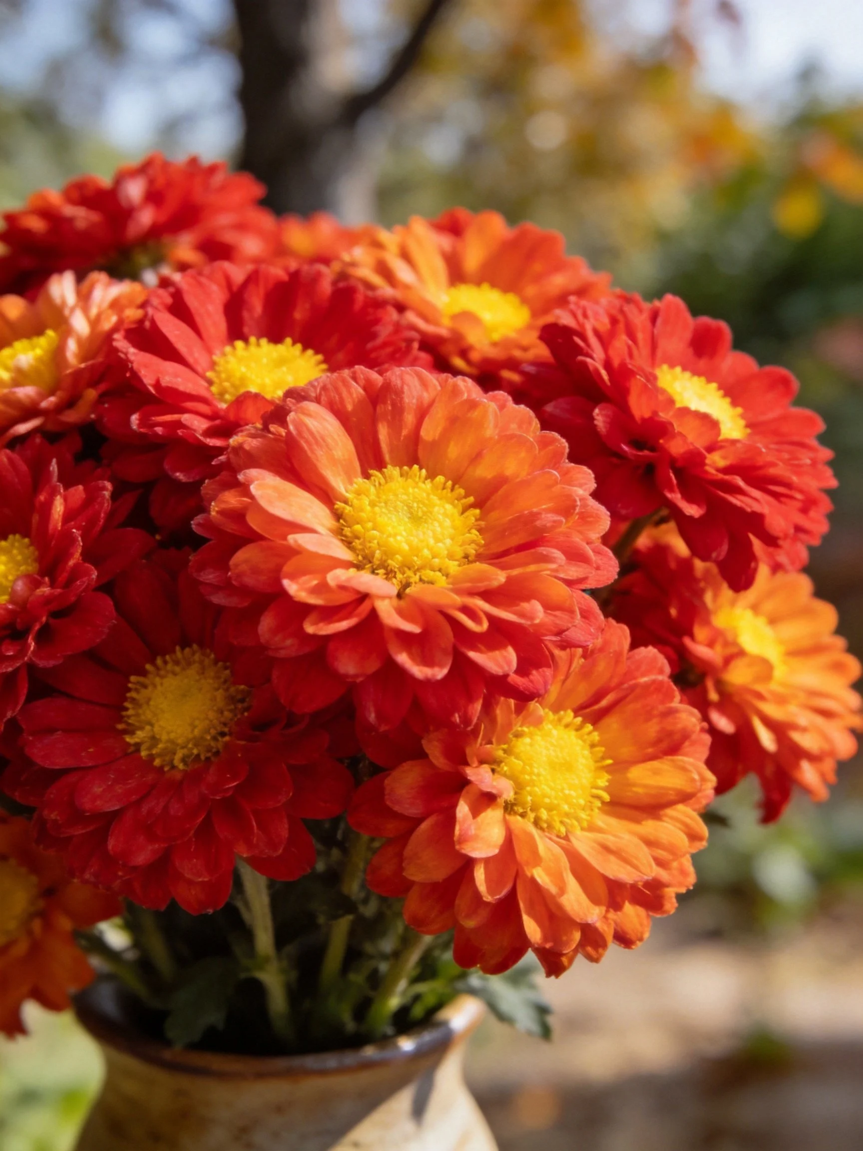 Vibrantred and orange chrysanthemums in an outdoor ceramic vase